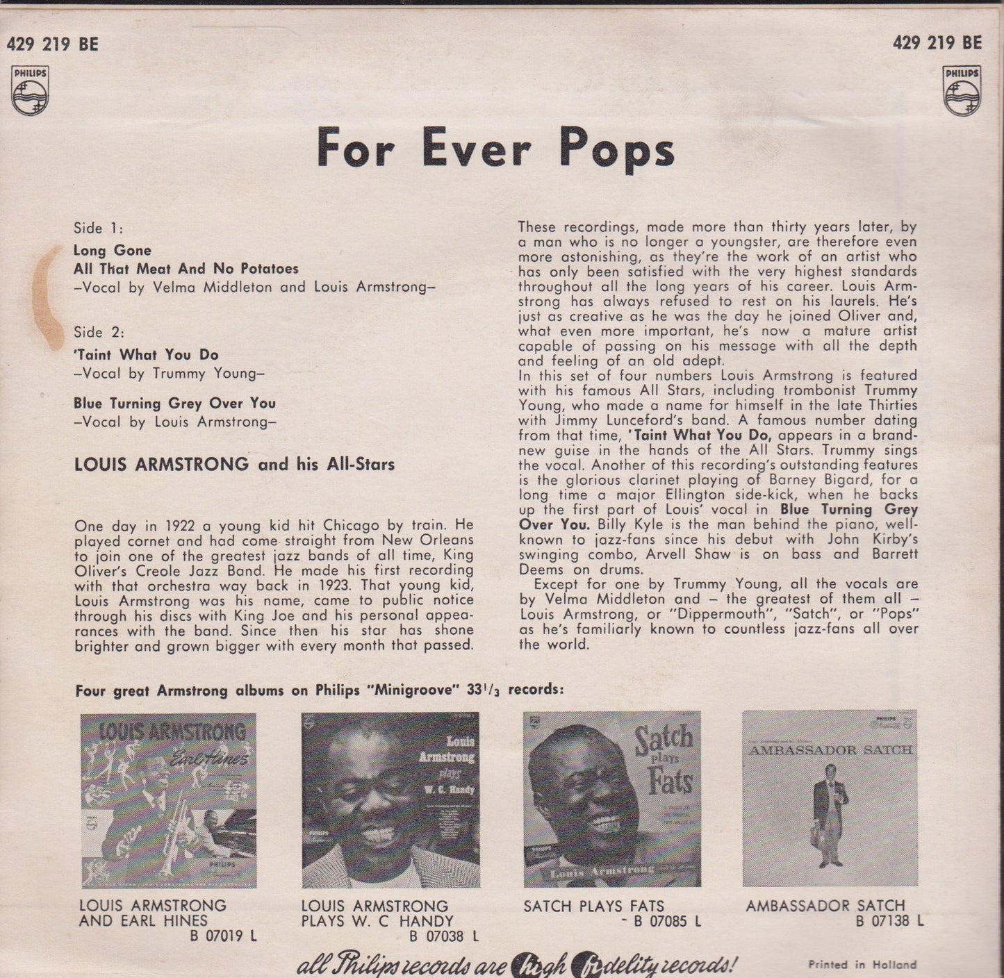 Louis Armstrong And His All-Stars – For Ever Pops (Philips) 7" vinyl P/S EP VG/VG