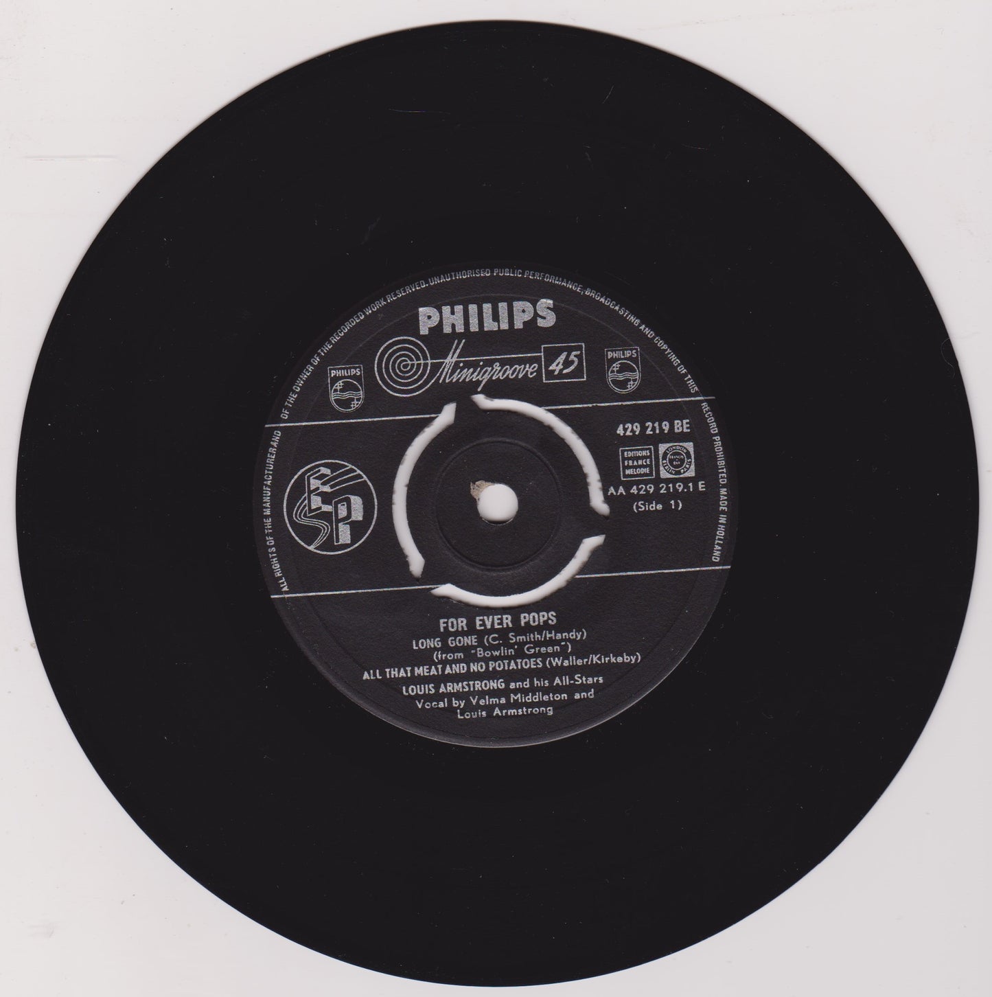 Louis Armstrong And His All-Stars – For Ever Pops (Philips) 7" vinyl P/S EP VG/VG