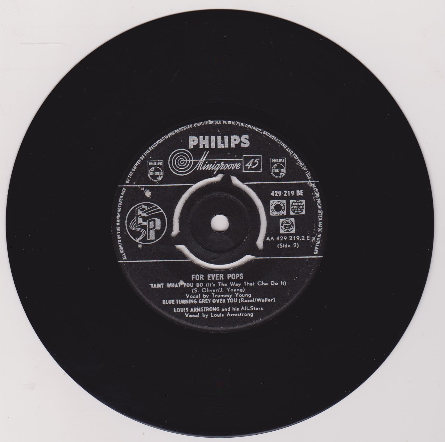 Louis Armstrong And His All-Stars – For Ever Pops (Philips) 7" vinyl P/S EP VG/VG