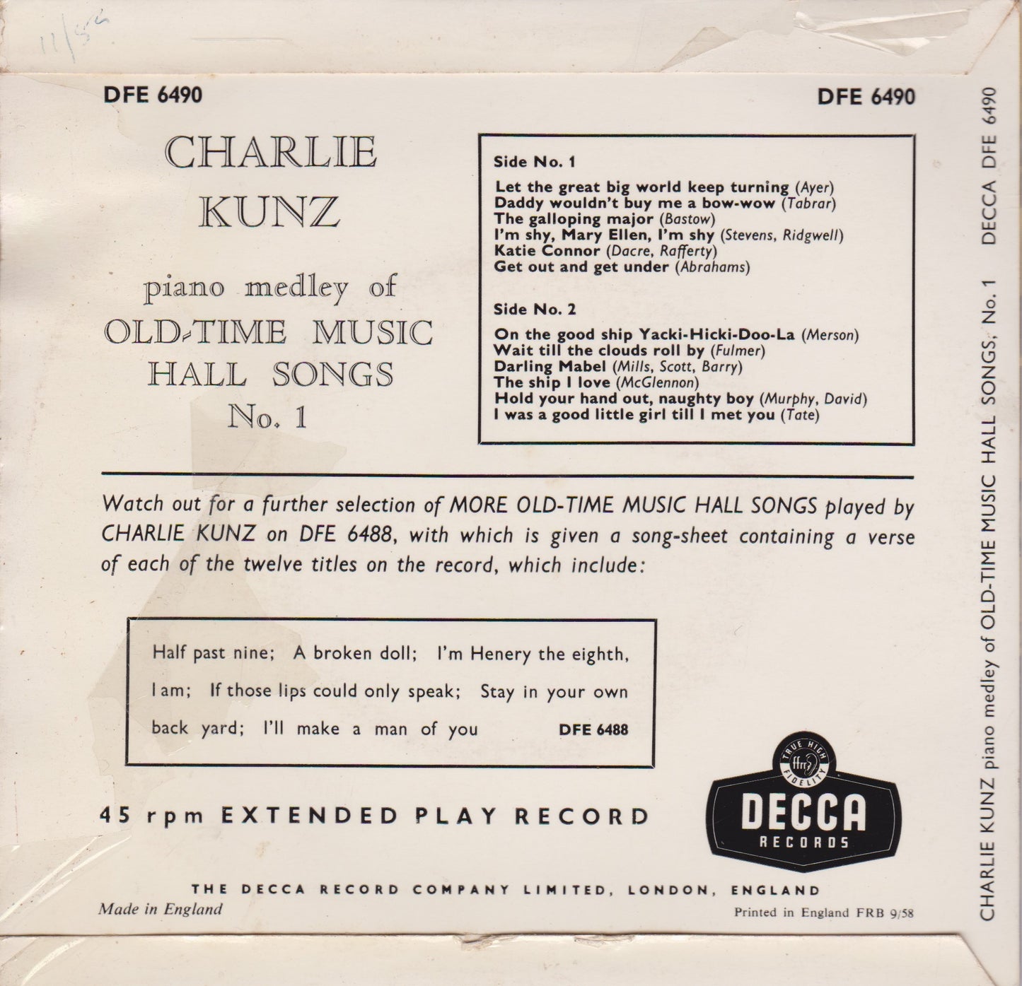 Charlie Kunz – Old Time Music Hall Songs No. 1 (Decca 1958) 7" vinyl P/S EP VG/VG