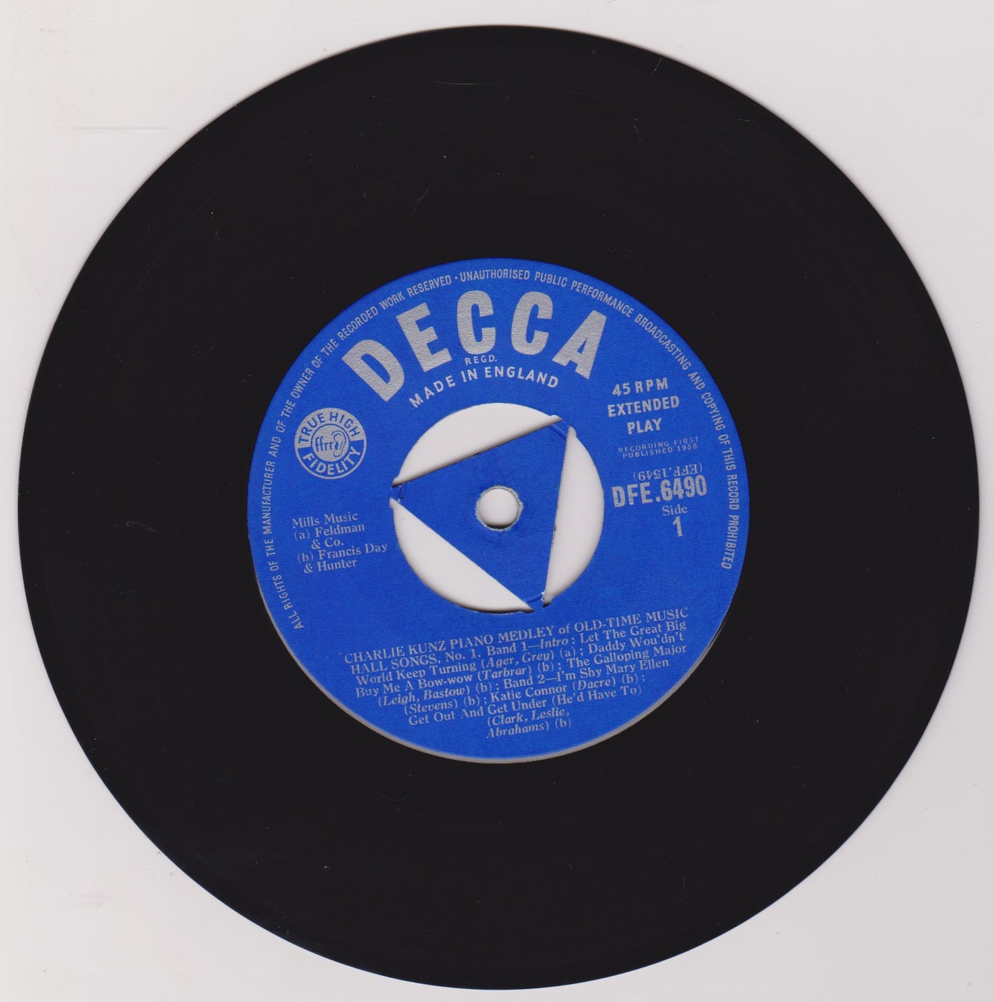 Charlie Kunz – Old Time Music Hall Songs No. 1 (Decca 1958) 7" vinyl P/S EP VG/VG