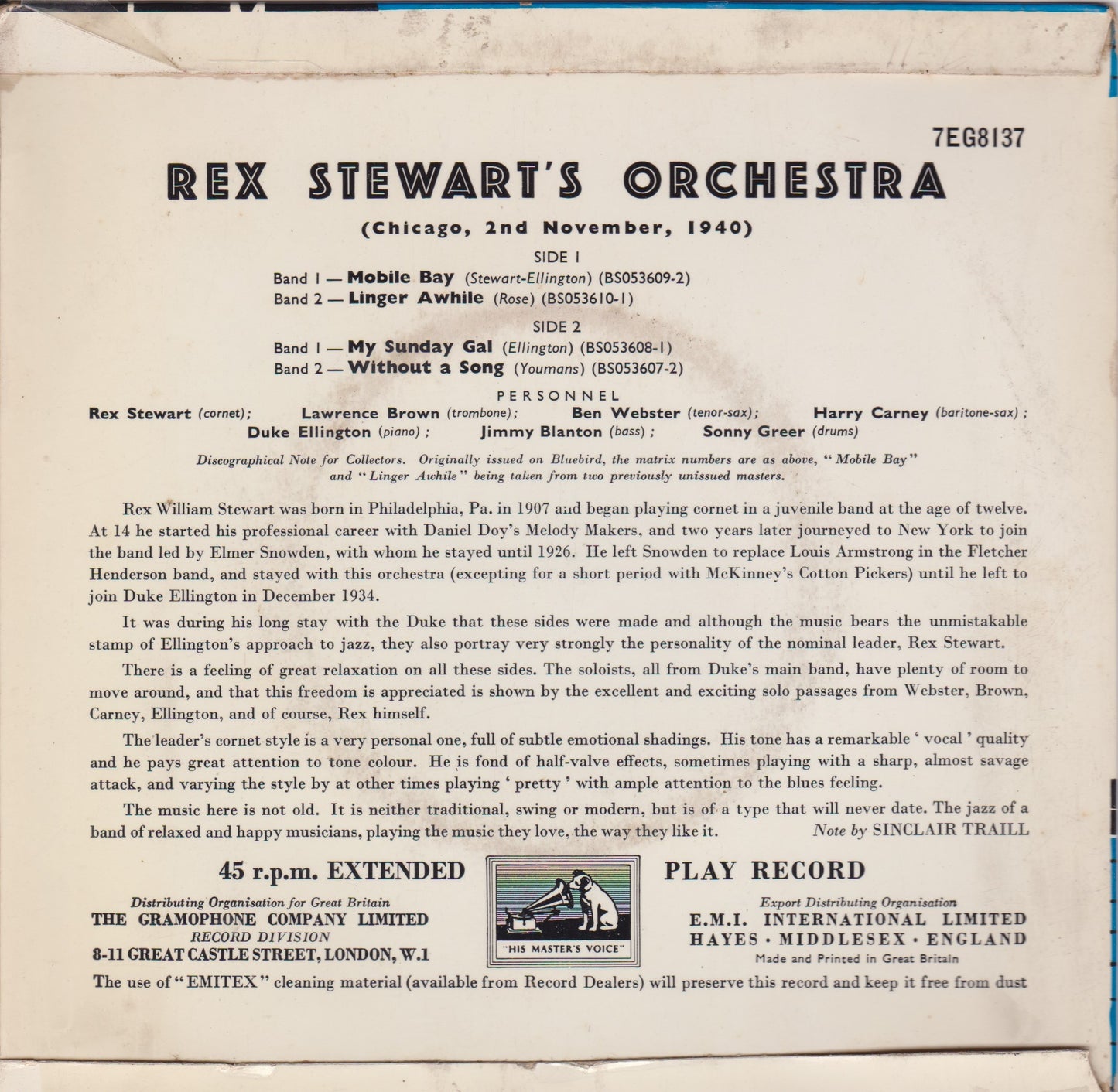 Rex Stewart And His Orchestra ‎– Rex Stewart's Orchestra (Chicago, 2nd November 1940) 7" vinyl P/S EP VG/VG