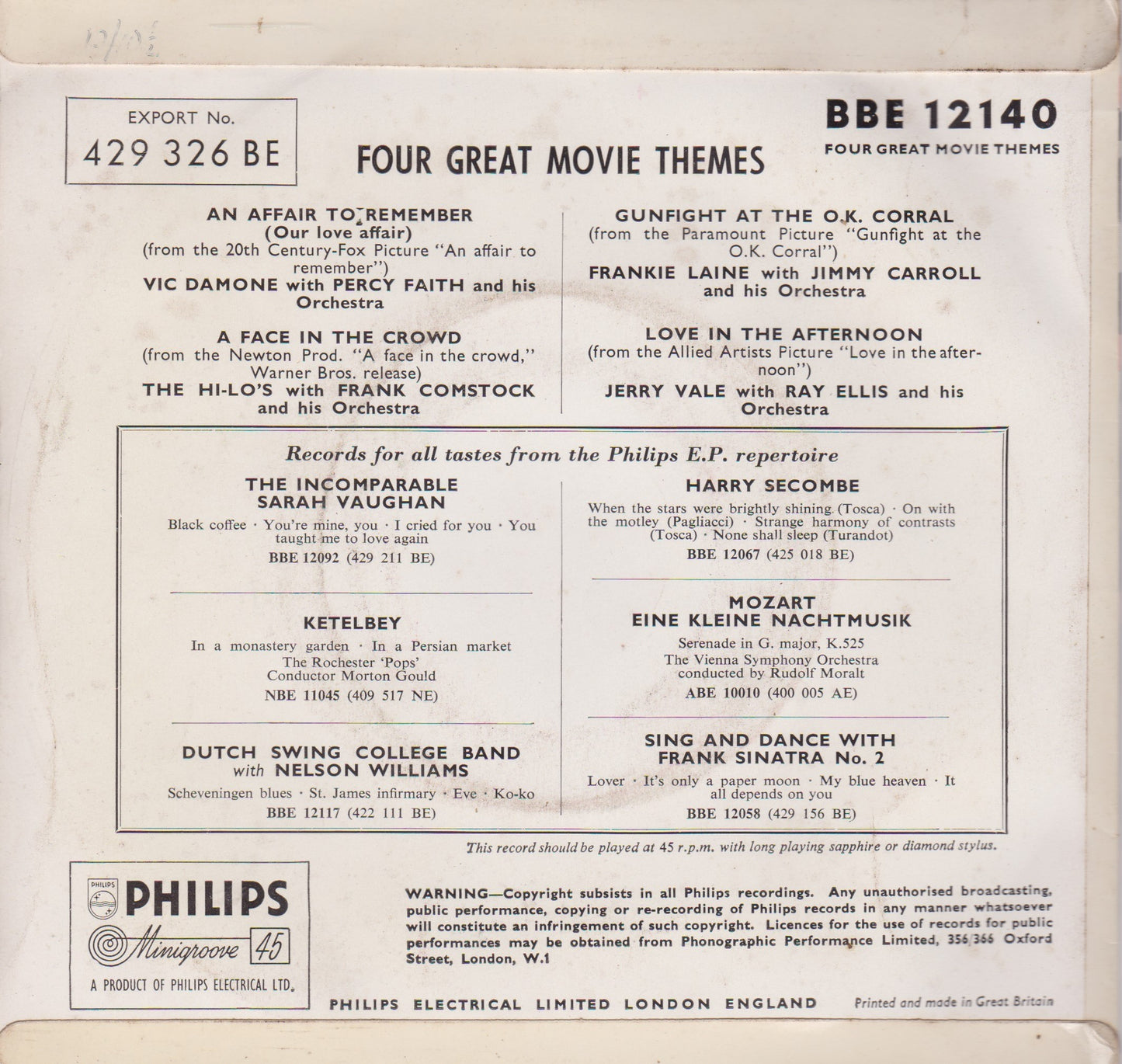 Various – Four Great Movie Themes (Philips) 7" vinyl P/S EP VG/VG jukebox