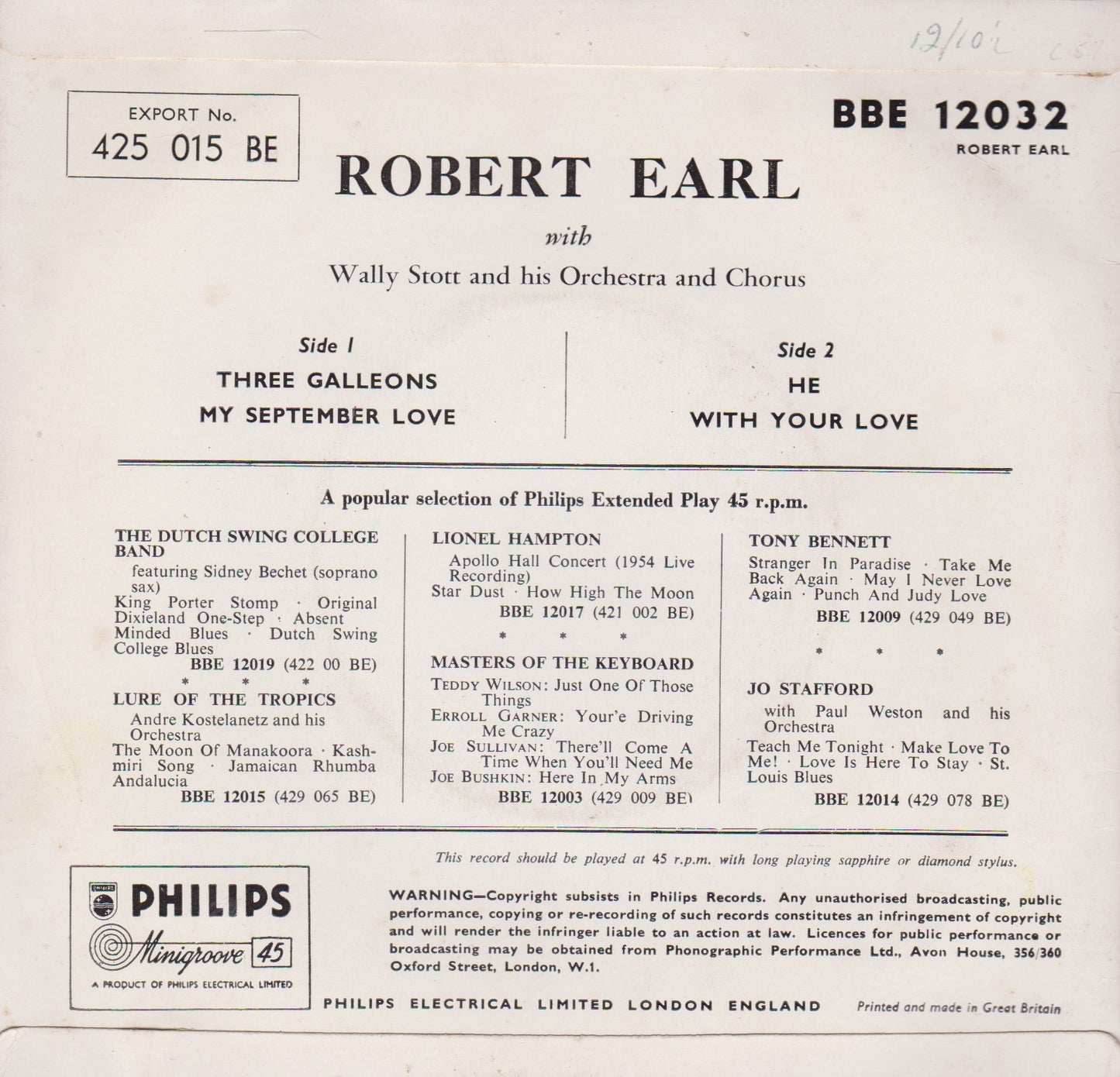 Robert Earl – Three Galleons (Philips 1956) 7" vinyl P/S EP VG/VG jukebox centre