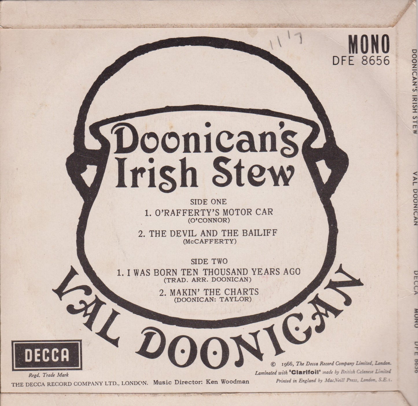 Val Doonican – Doonican's Irish Stew (Decca, 1966) 7" vinyl P/S EP VG/VG