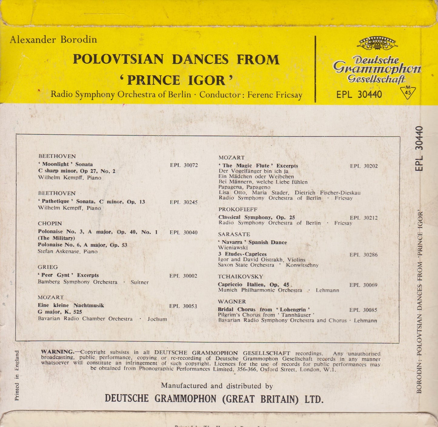 Borodin - Polovtsian Dances From "Prince Igor" (Deutsche Grammophon 1959) 7" vinyl P/S EP G+/G+