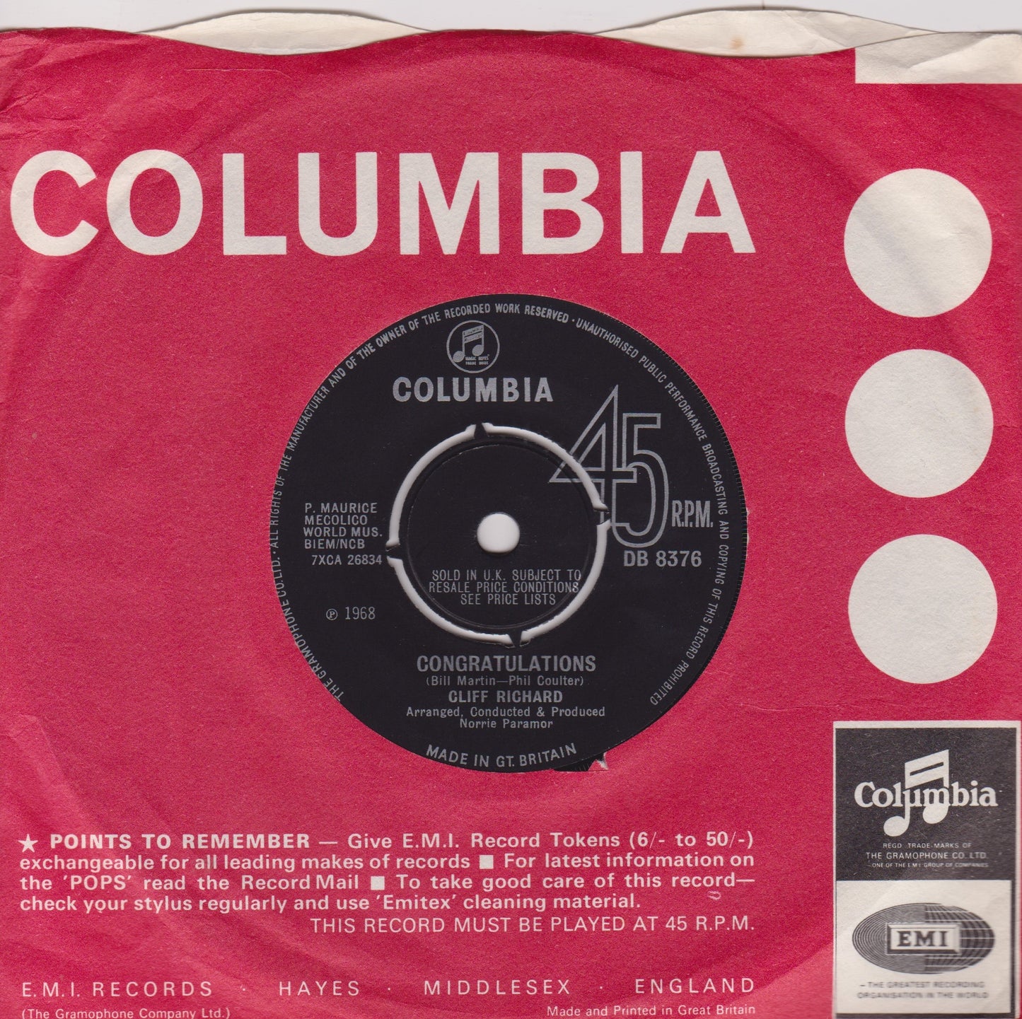 Cliff Richard - Congratulations (Columbia 1968) 7" vinyl single VG/VG