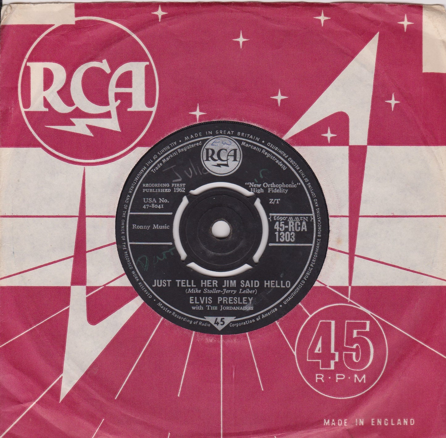 Elvis Presley With The Jordanaires – She's Not You (RCA 1962) 7" vinyl single G+/VG