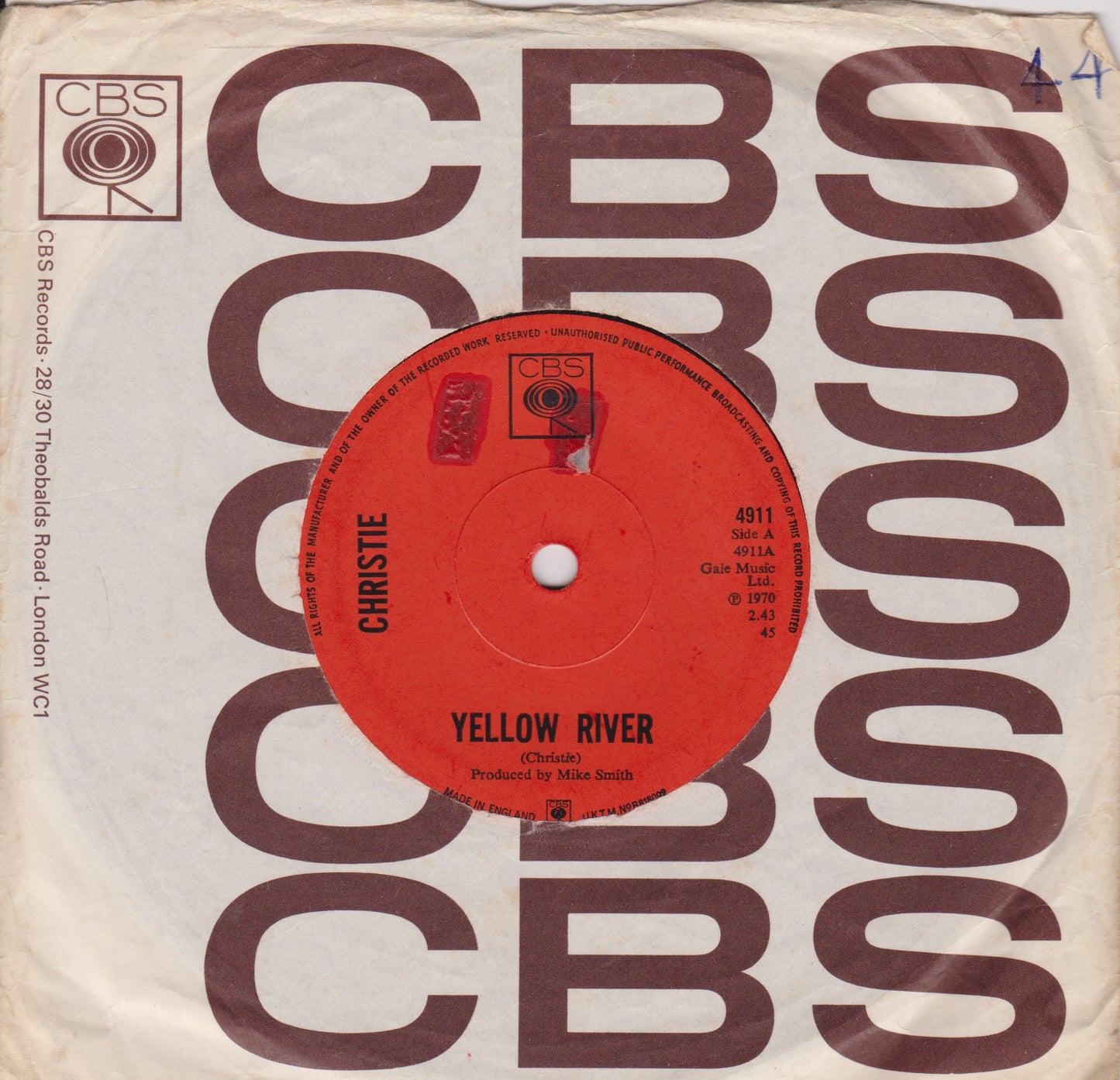 Christie ‎– Yellow River (CBS 1970) 7" vinyl single VG/VG