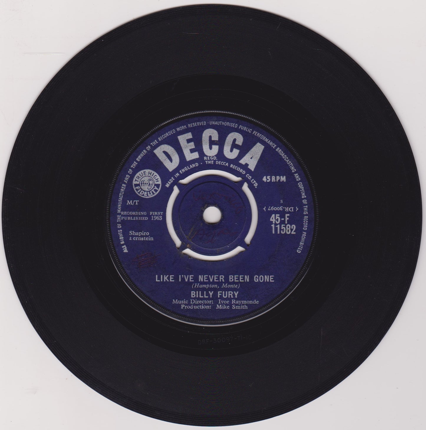 Billy Fury ‎– Like I've Never Been Gone (Decca 1963) 7" vinyl single G+/-