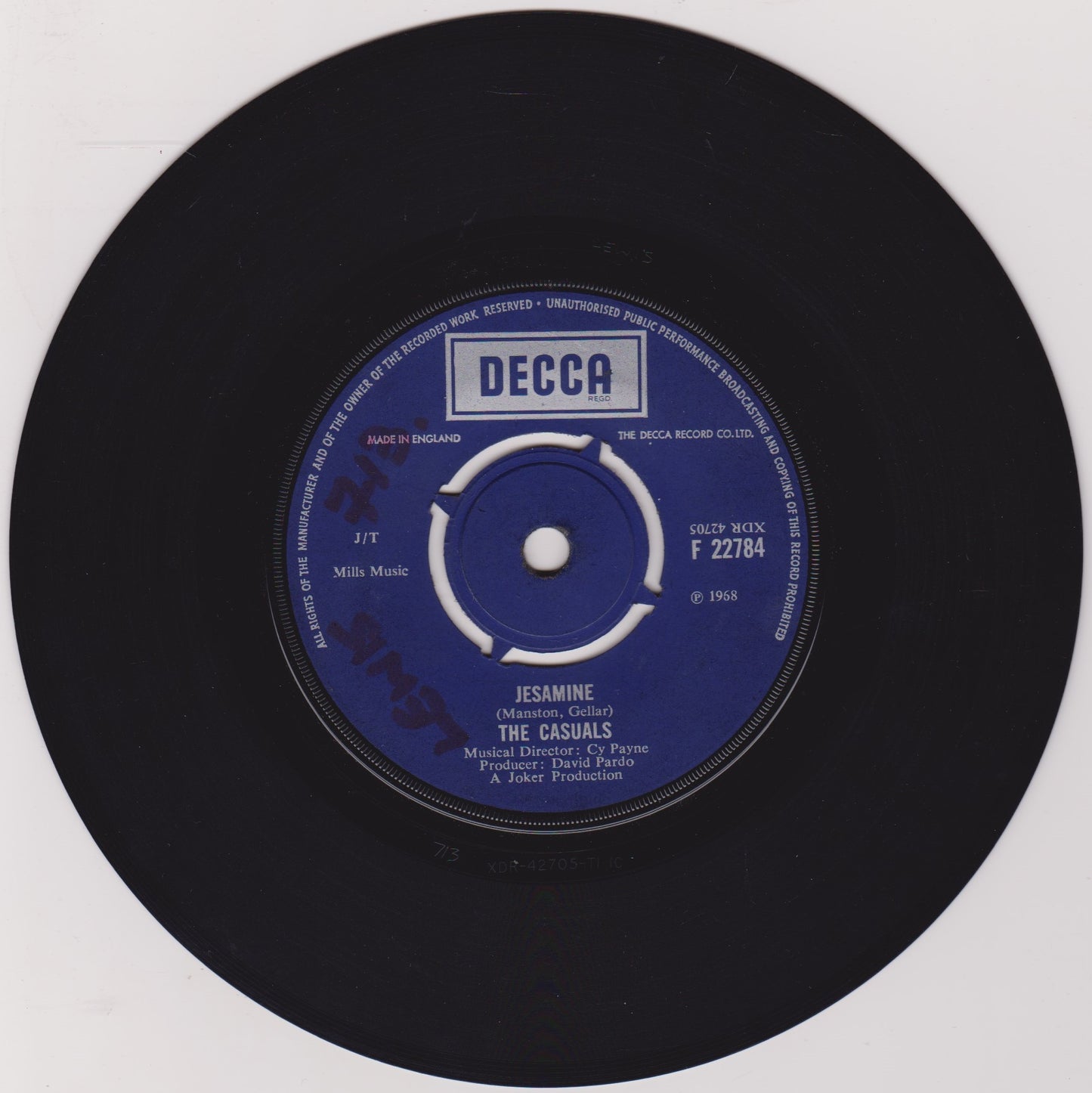 The Casuals ‎– Jesamine (Decca 1968) 7" vinyl single VG/-