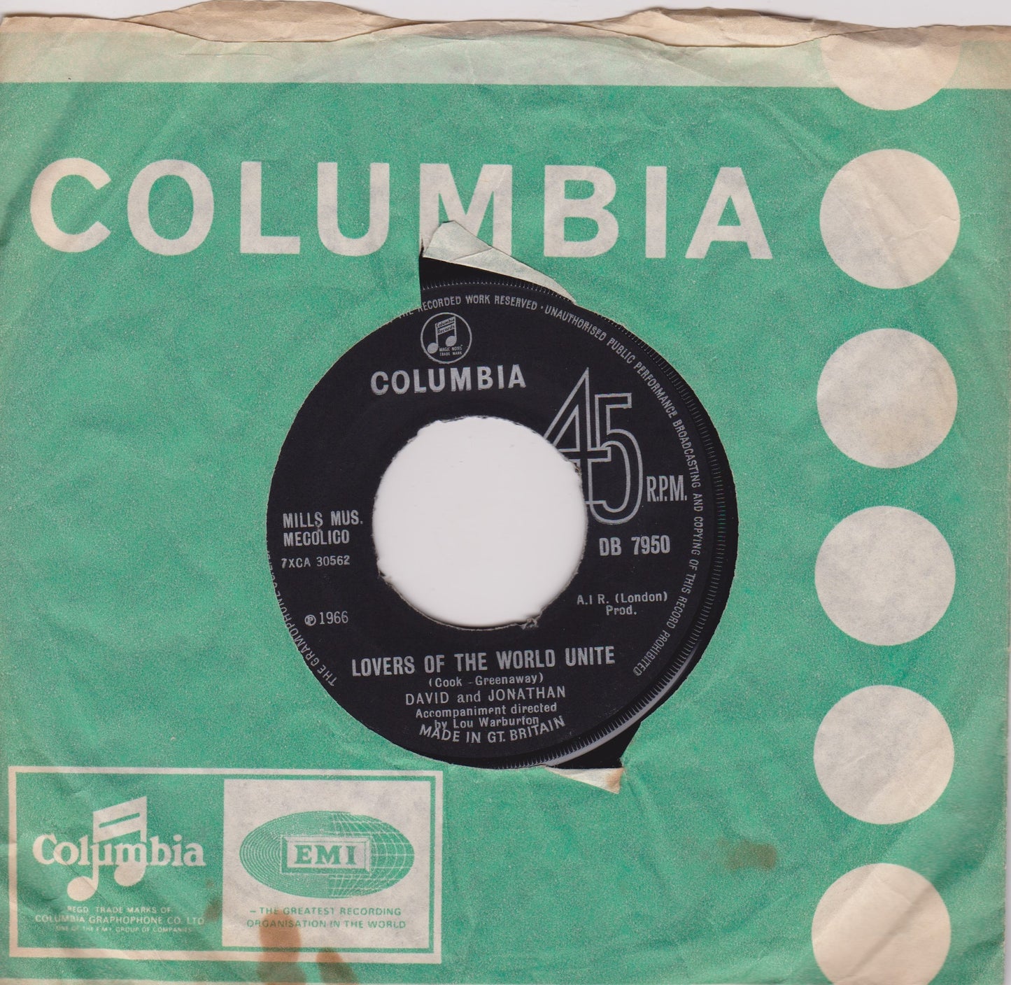 David And Jonathan ‎– Lovers Of The World Unite (Columbia 1966) 7" vinyl single VG/G+