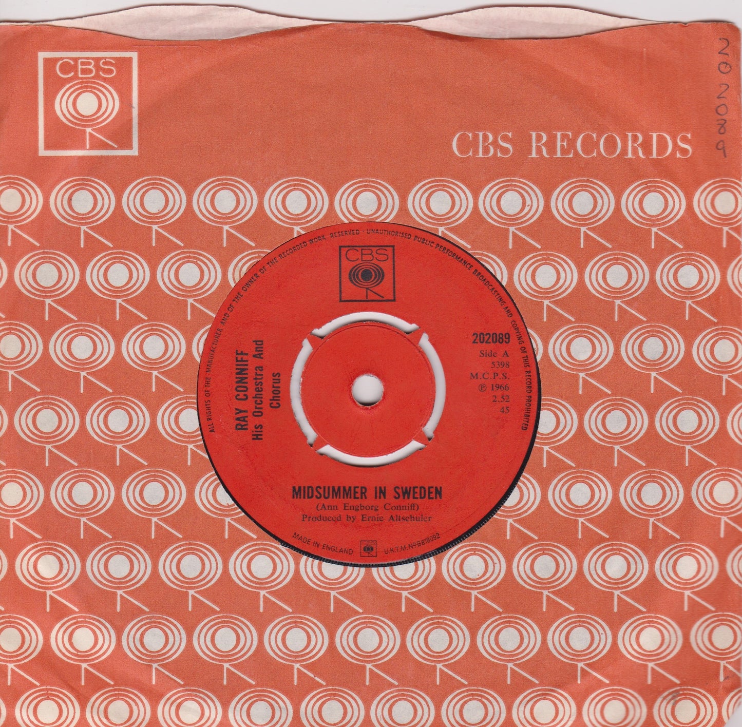 Ray Conniff And His Orchestra & Chorus ‎– Midsummer In Sweden (CBS 1966) 7" vinyl single VG/VG