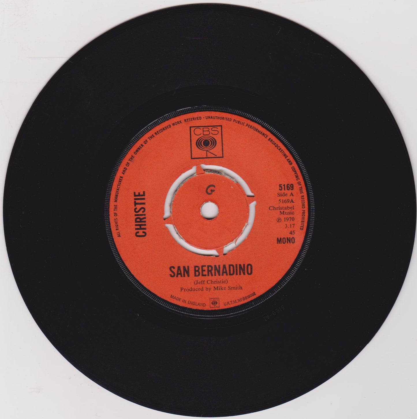 Christie ‎– San Bernadino (CBS 1970) 7" vinyl single VG/-