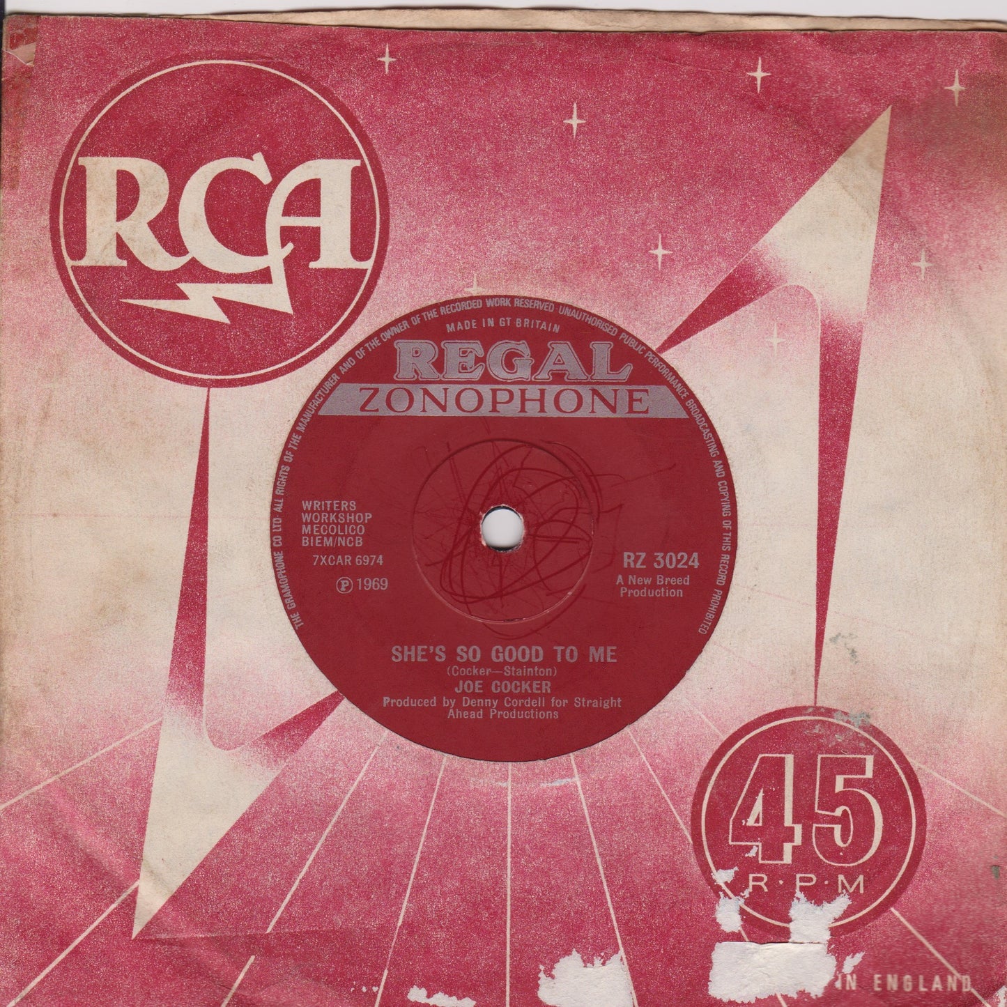 Joe Cocker ‎– Delta Lady (Regal Zonophone 1969) 7" vinyl single VG/-