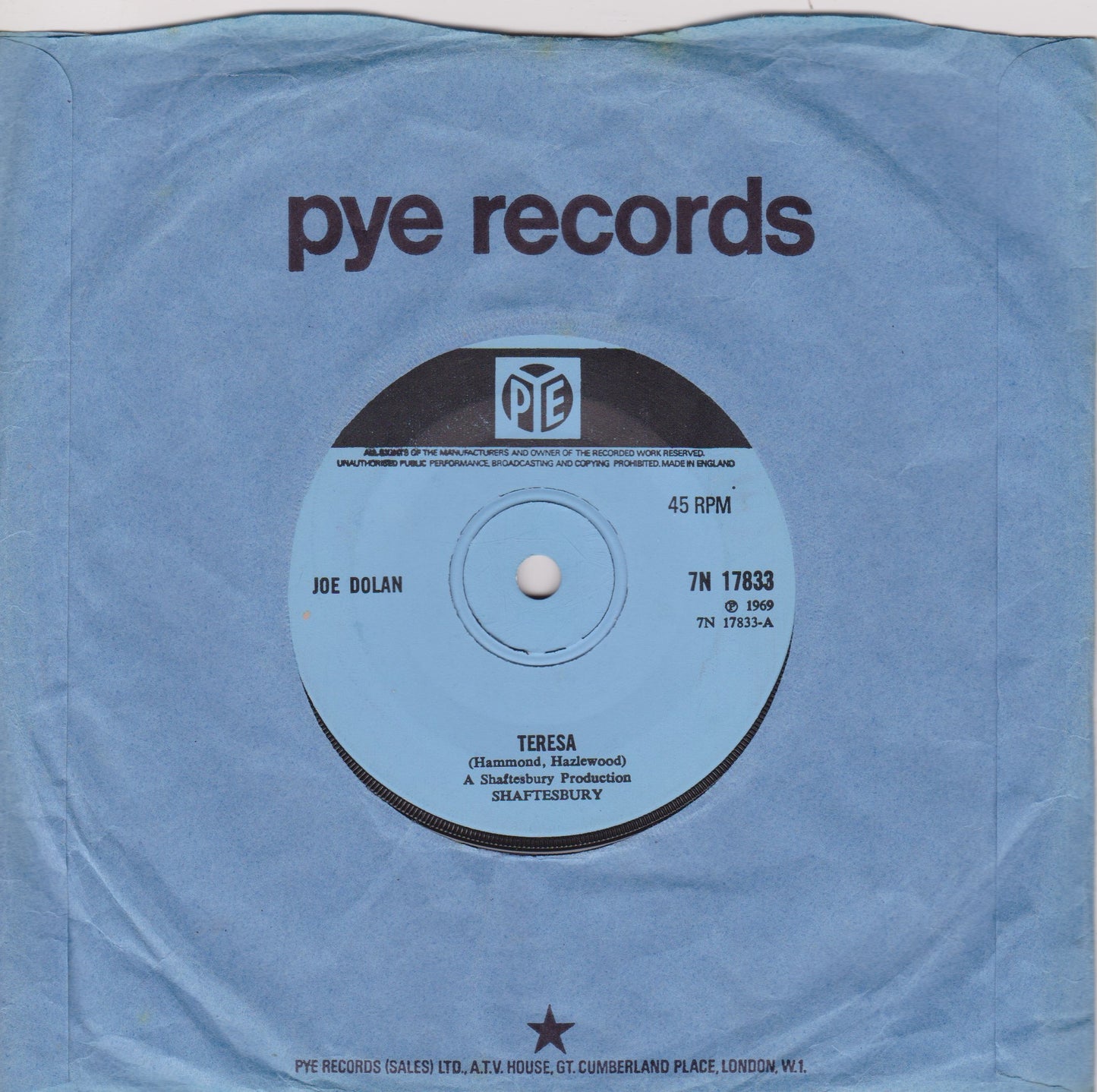 Joe Dolan ‎– Teresa (Pye 1969) 7" vinyl single VG/VG