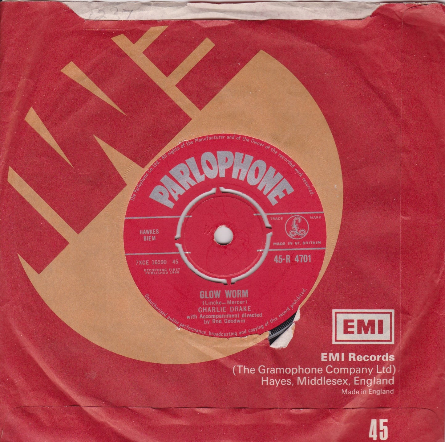 Charlie Drake ‎– Mr. Custer / Glow Worm (Parlophone 1960) 7" vinyl single VG/-