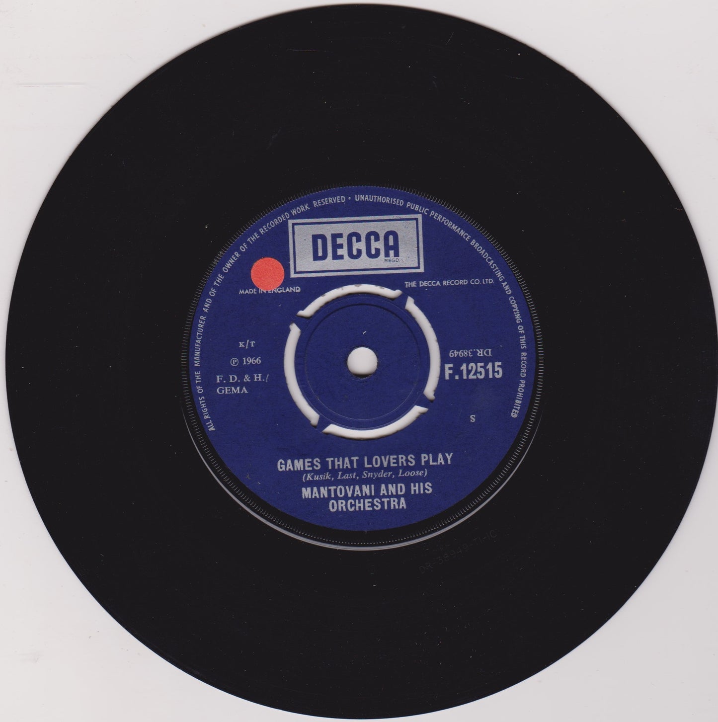 Mantovani And His Orchestra ‎– Games That Lovers Play (Decca 1966) 7" vinyl single VG/-