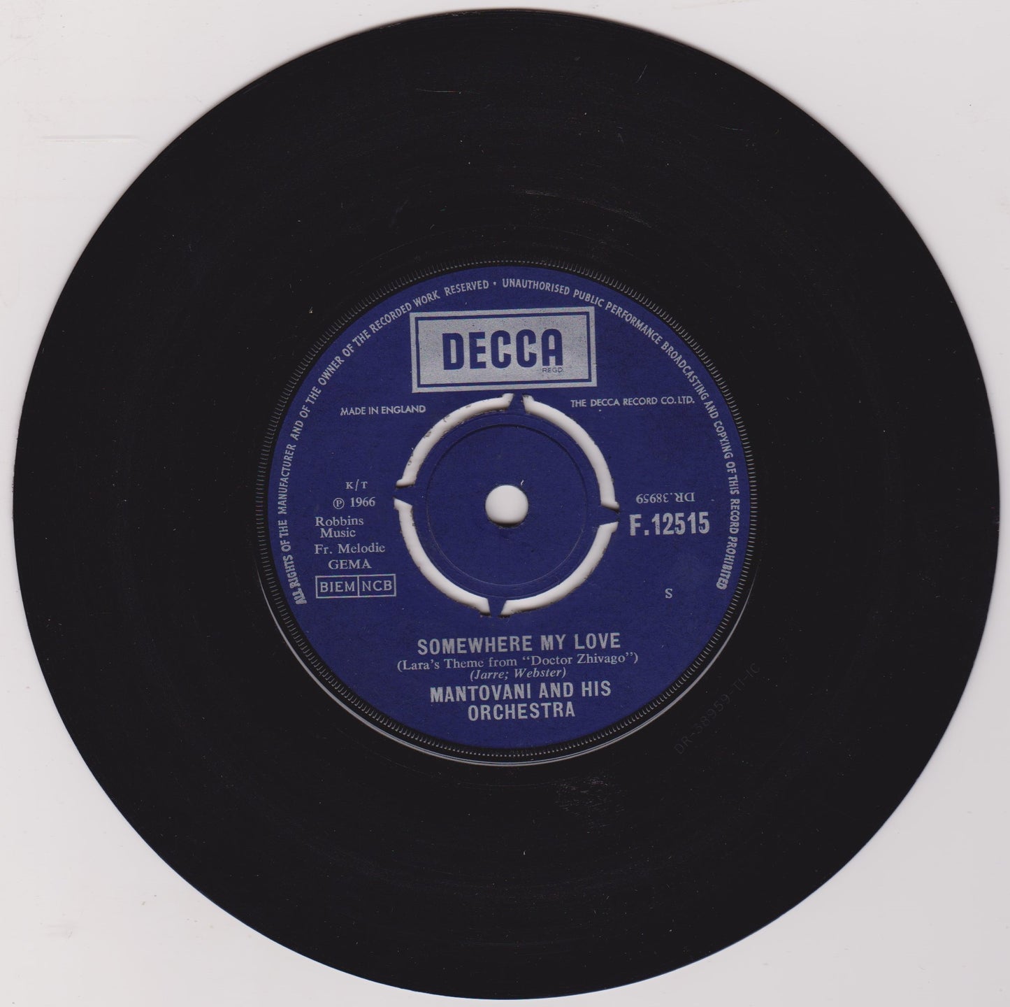 Mantovani And His Orchestra ‎– Games That Lovers Play (Decca 1966) 7" vinyl single VG/-