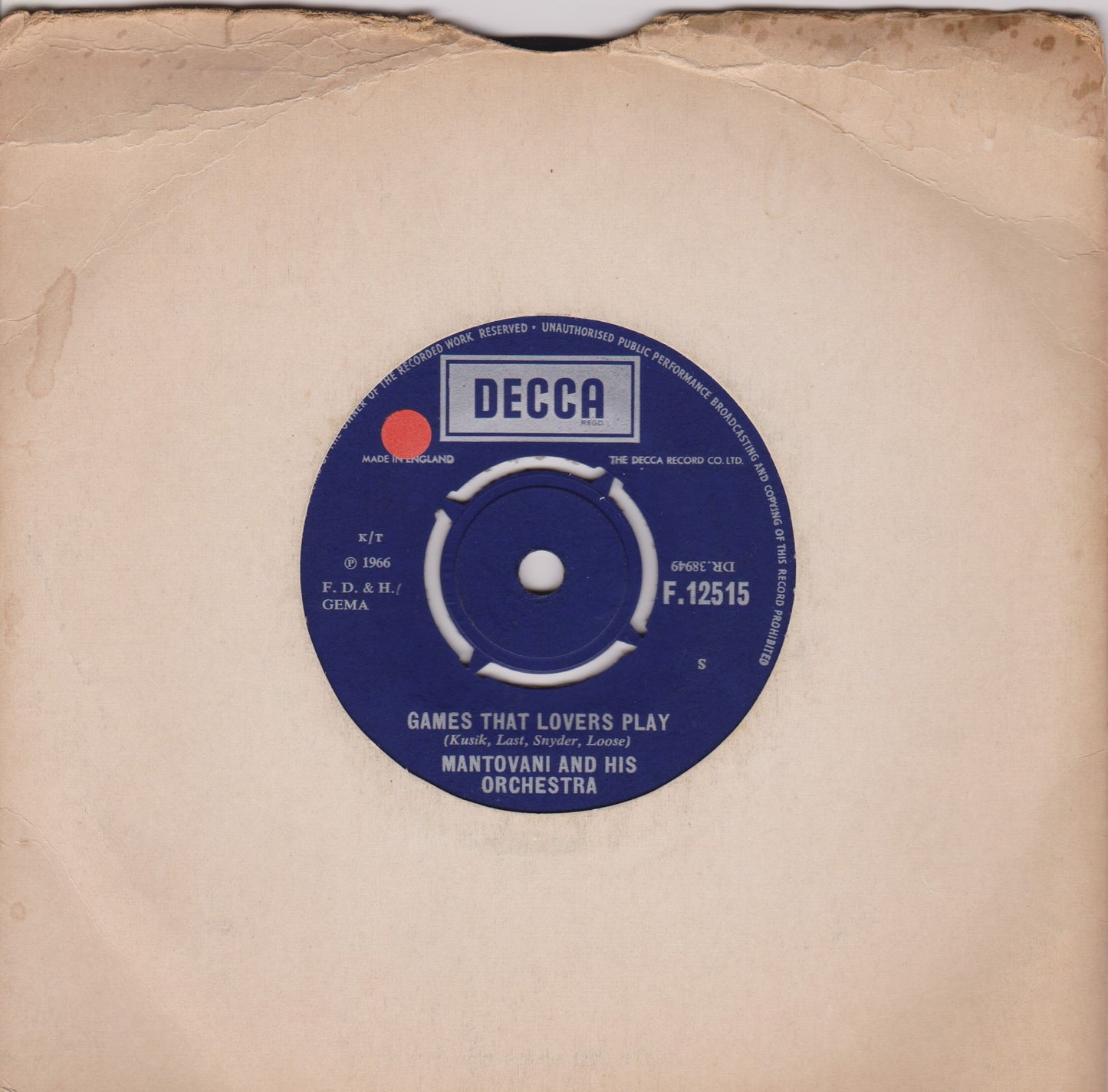 Mantovani And His Orchestra ‎– Games That Lovers Play (Decca 1966) 7" vinyl single VG/-