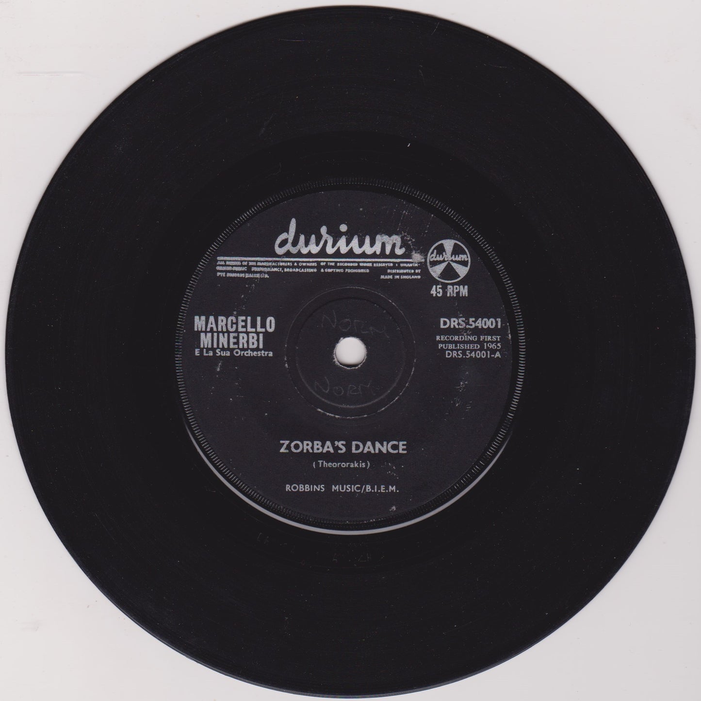 Marcello Minerbi E La Sua Orchestra ‎– Zorba's Dance (Durium 1965) 7" vinyl single VG/-