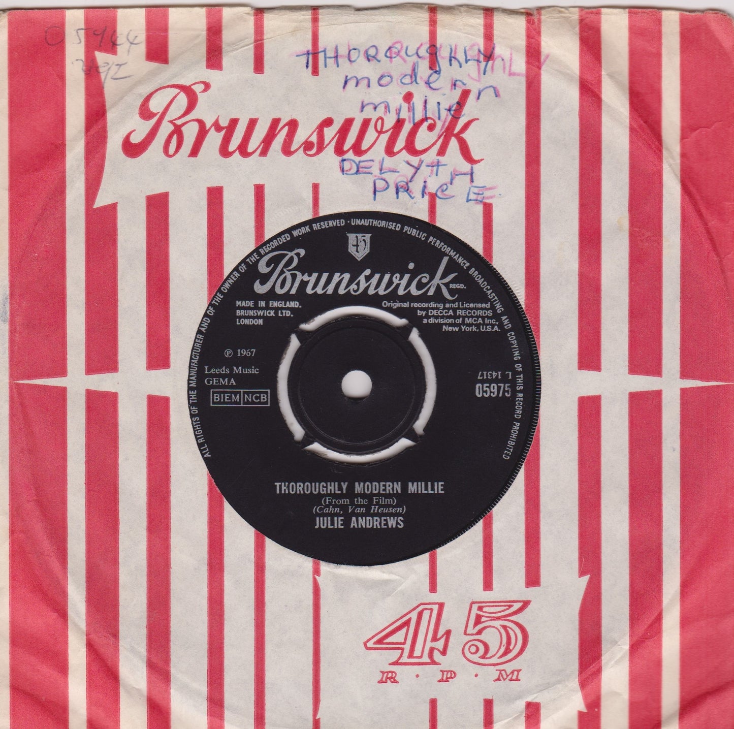 Julie Andrews ‎– Thoroughly Modern Millie (Brunswick 1967) 7" vinyl single VG/VG