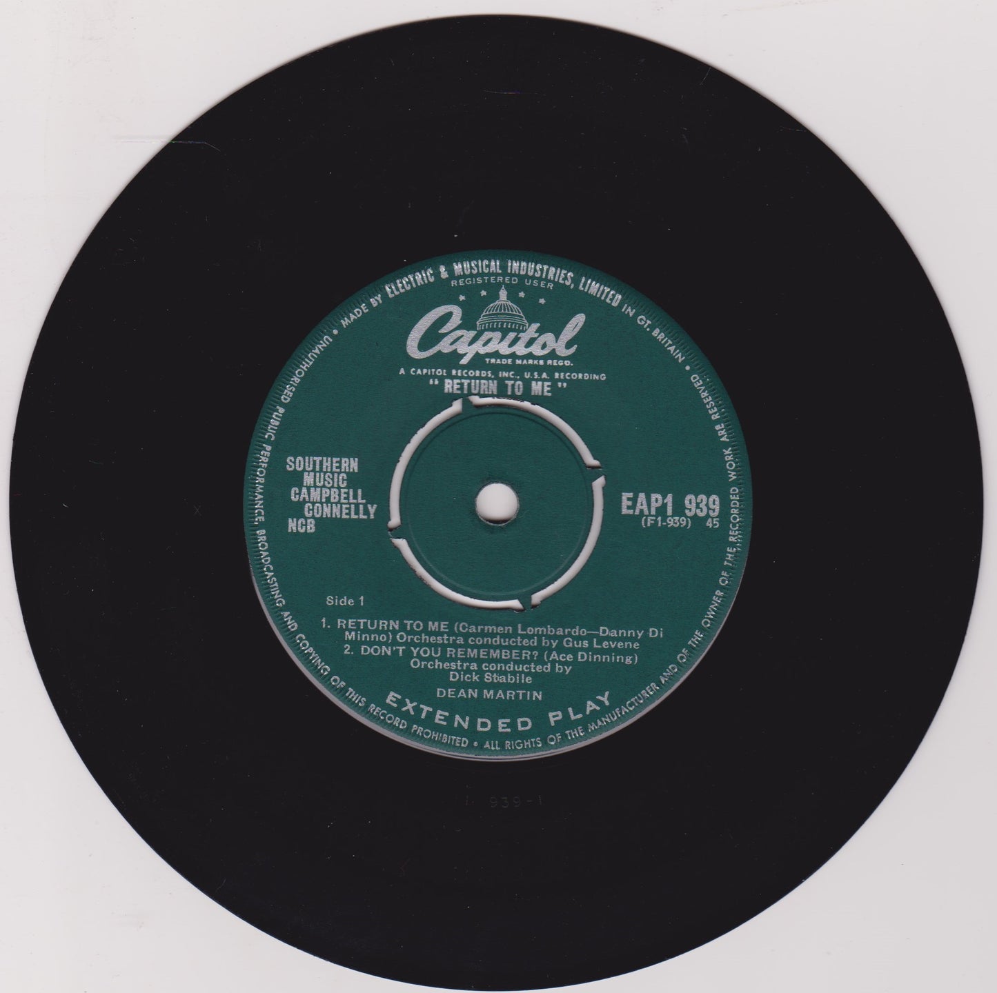 Dean Martin ‎– Return To Me (Capitol 1958) 7" vinyl EP G+/VG