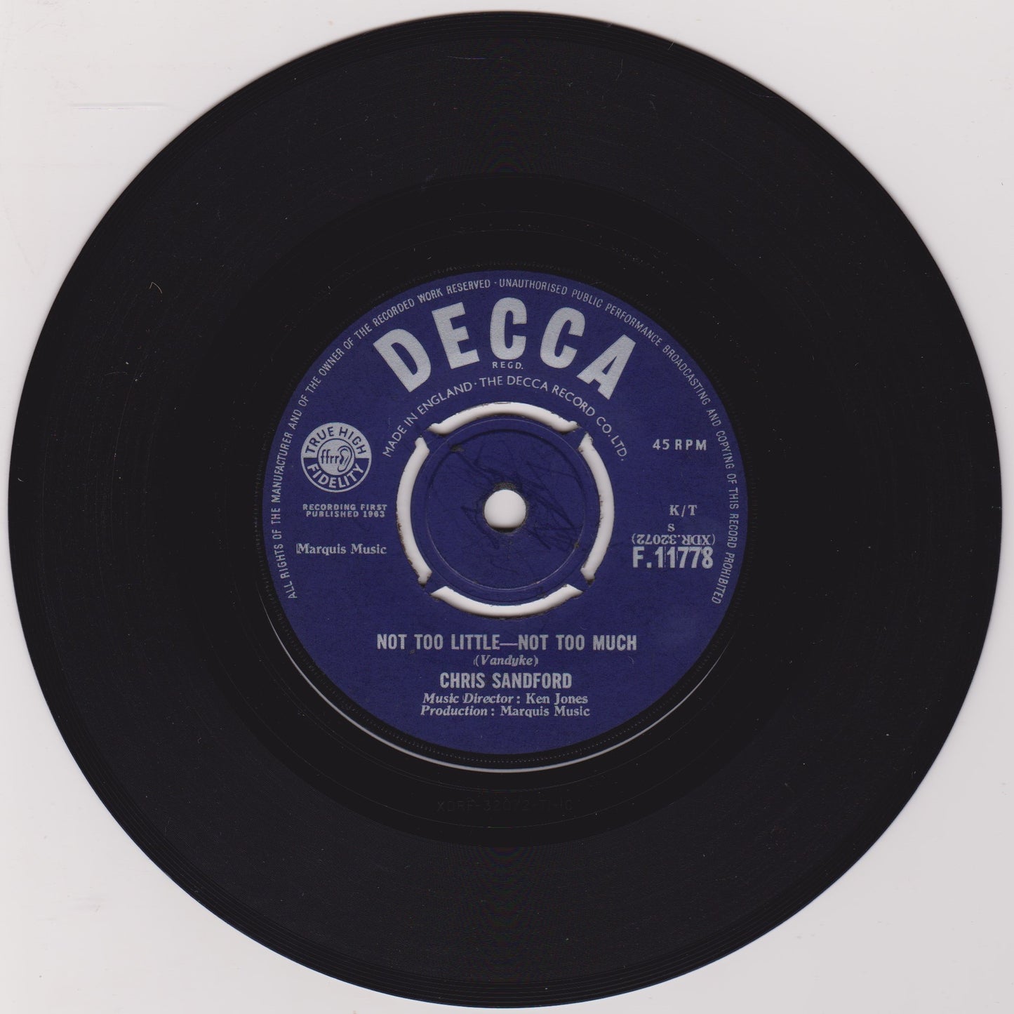 Chris Sandford ‎– Not Too Little - Not Too Much (Decca 1963) 7" vinyl single VG/-