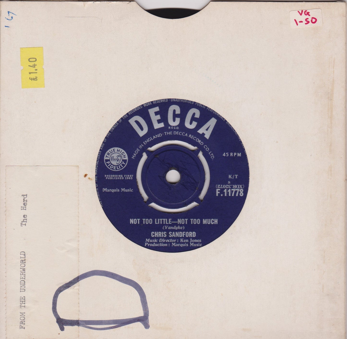 Chris Sandford ‎– Not Too Little - Not Too Much (Decca 1963) 7" vinyl single VG/-