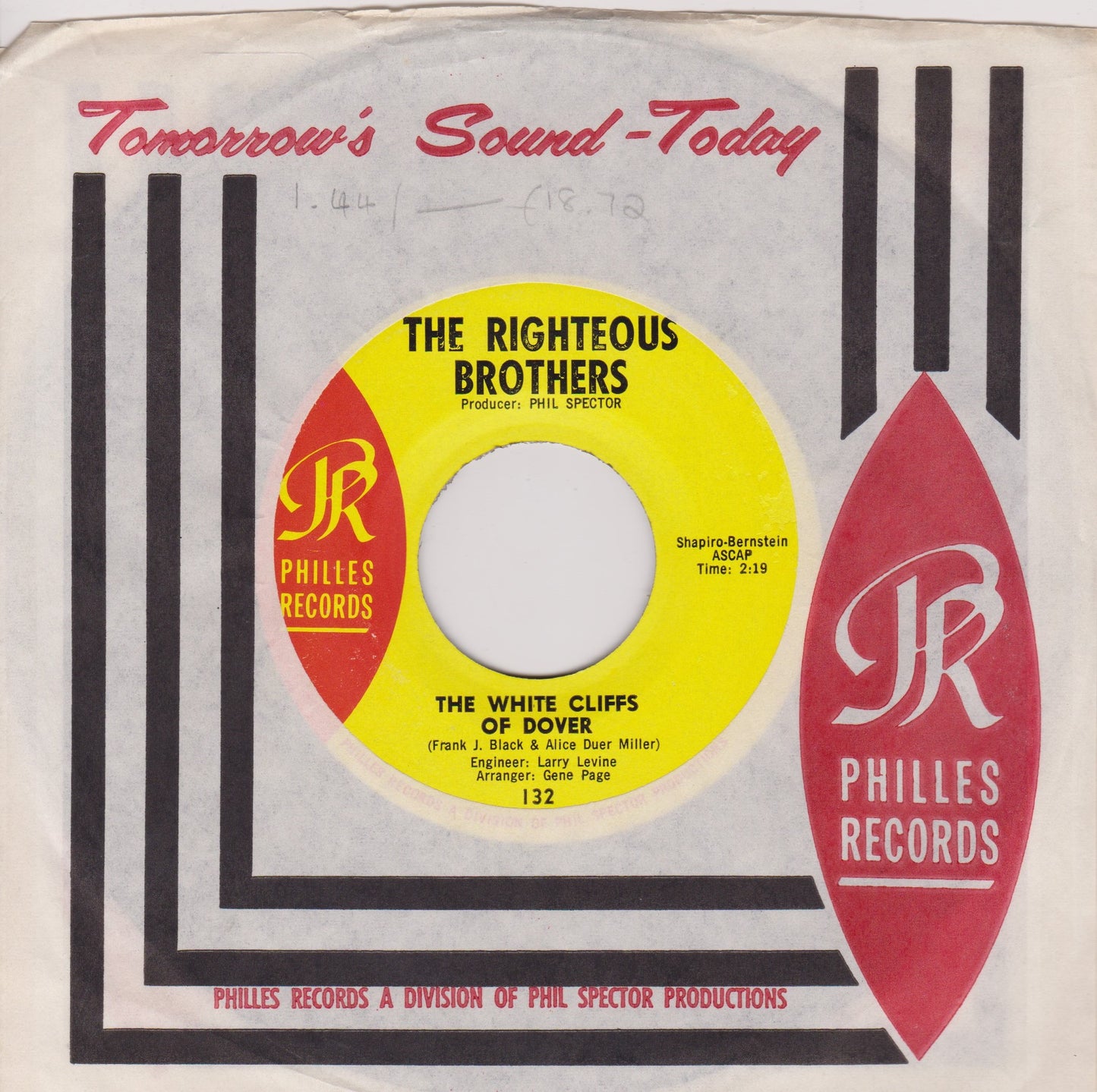 The Righteous Brothers ‎– The White Cliffs Of Dover (Philles 1966) 7" vinyl US single VG/VG jukebox mislabel