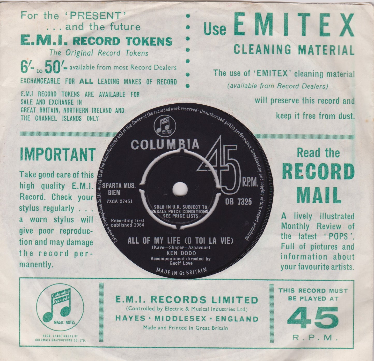 Ken Dodd - Happiness (Columbia 1964) 7" vinyl single VG/VG