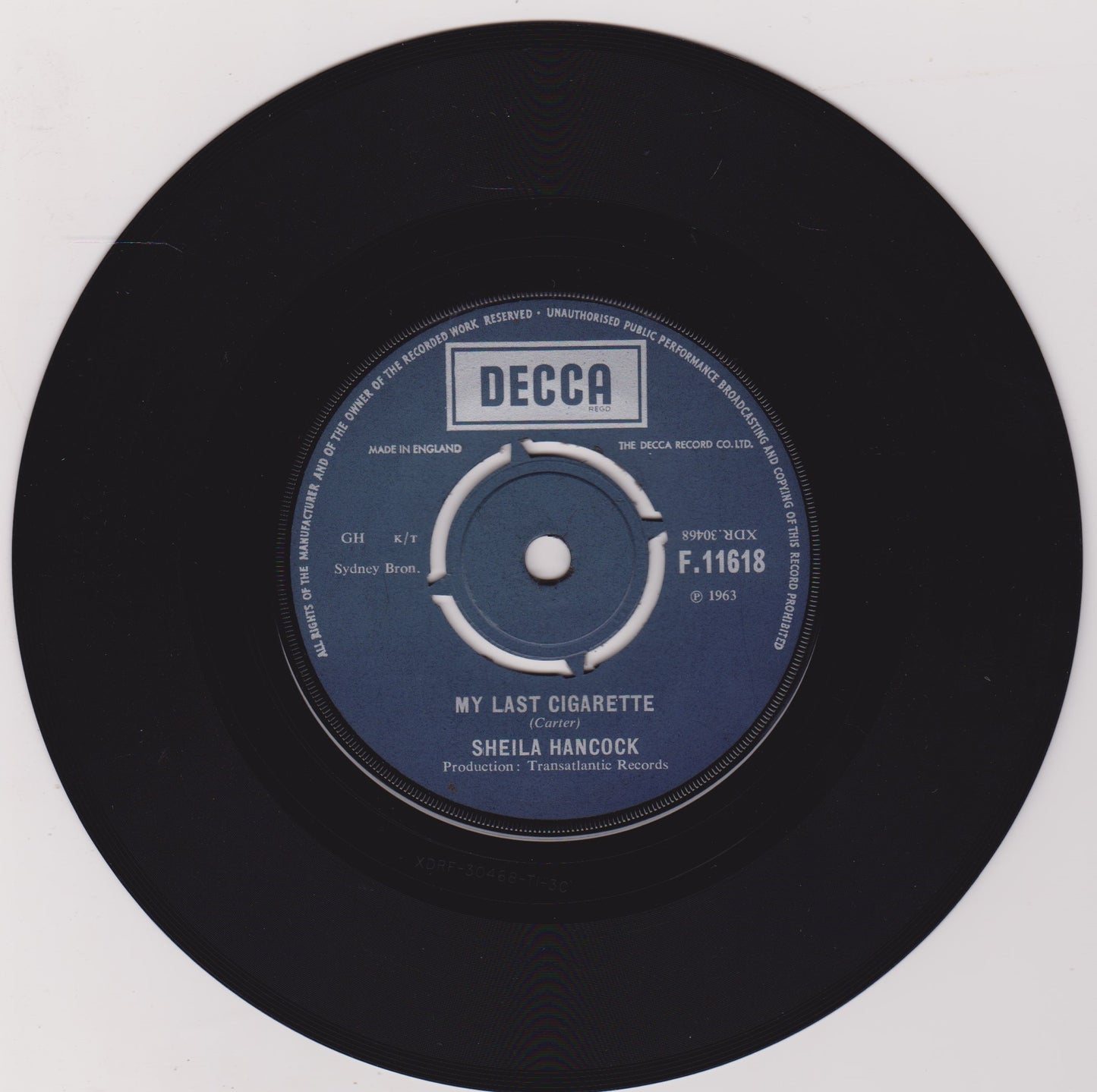 Sheila Hancock - My Last Cigarette (Decca) 7" vinyl single G+/-