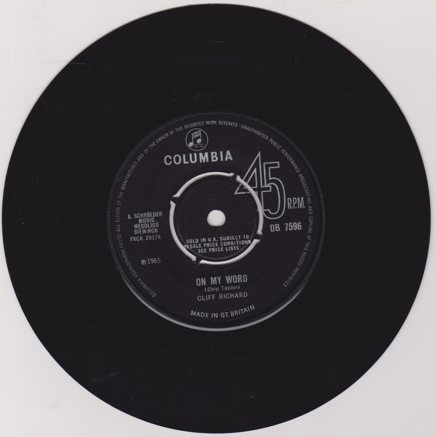 Cliff Richard & The Shadows ‎– On My Word (Columbia 1965) 7" vinyl single VG/-