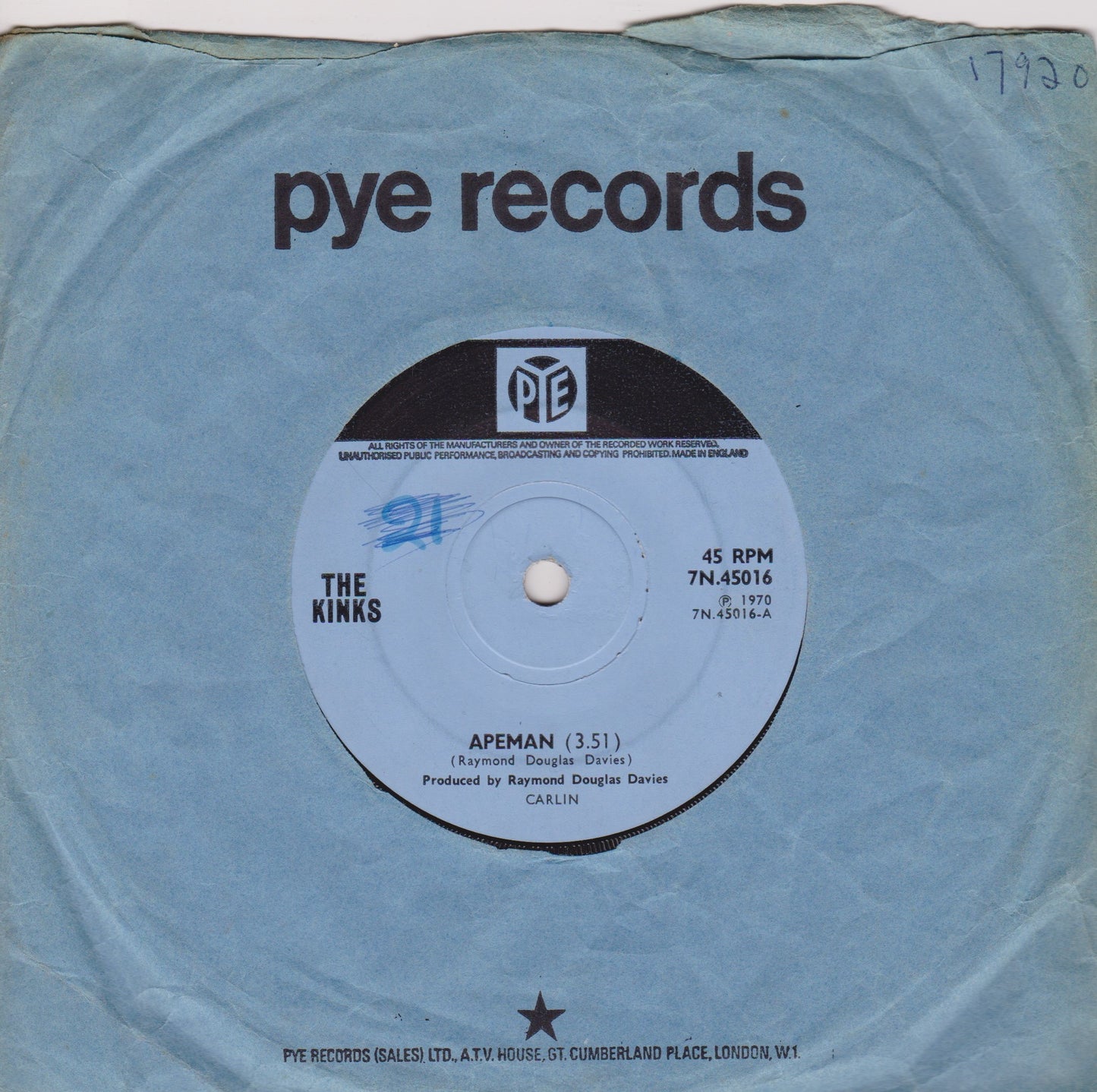 The Kinks ‎– Apeman (Pye 1970) 7" vinyl single VG/VG