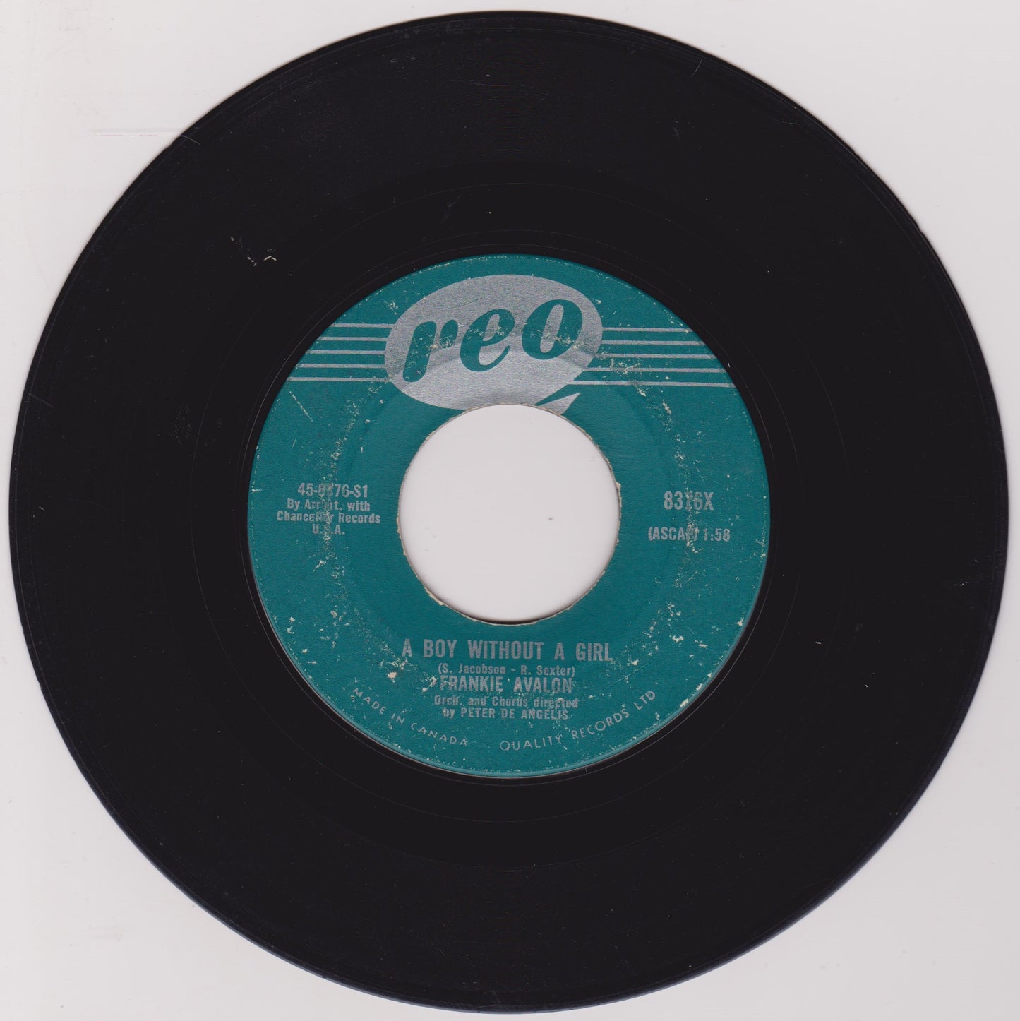 Frankie Avalon ‎– A Boy Without A Girl (Reo 1959) 7" vinyl single G/- Canada jukebox