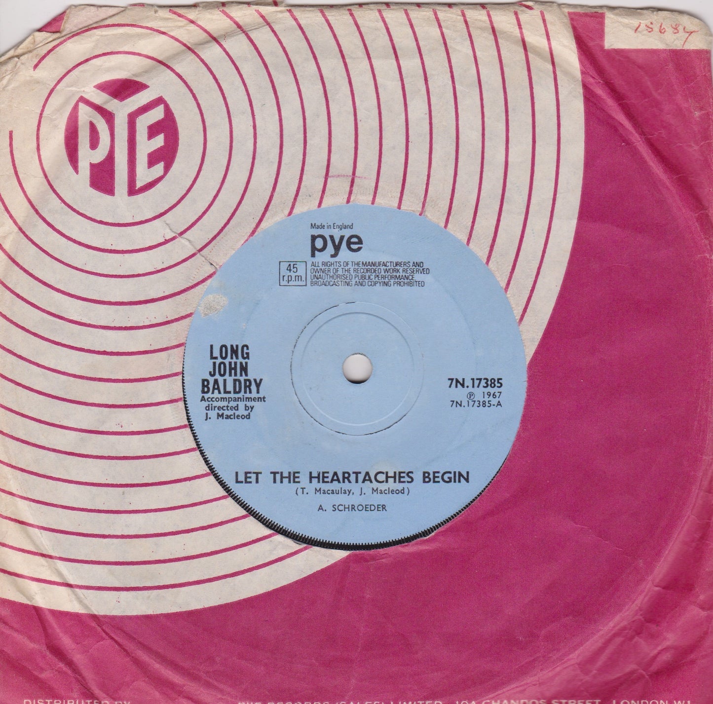 Long John Baldry ‎– Let The Heartaches Begin (Pye 1967) 7" vinyl single VG/-