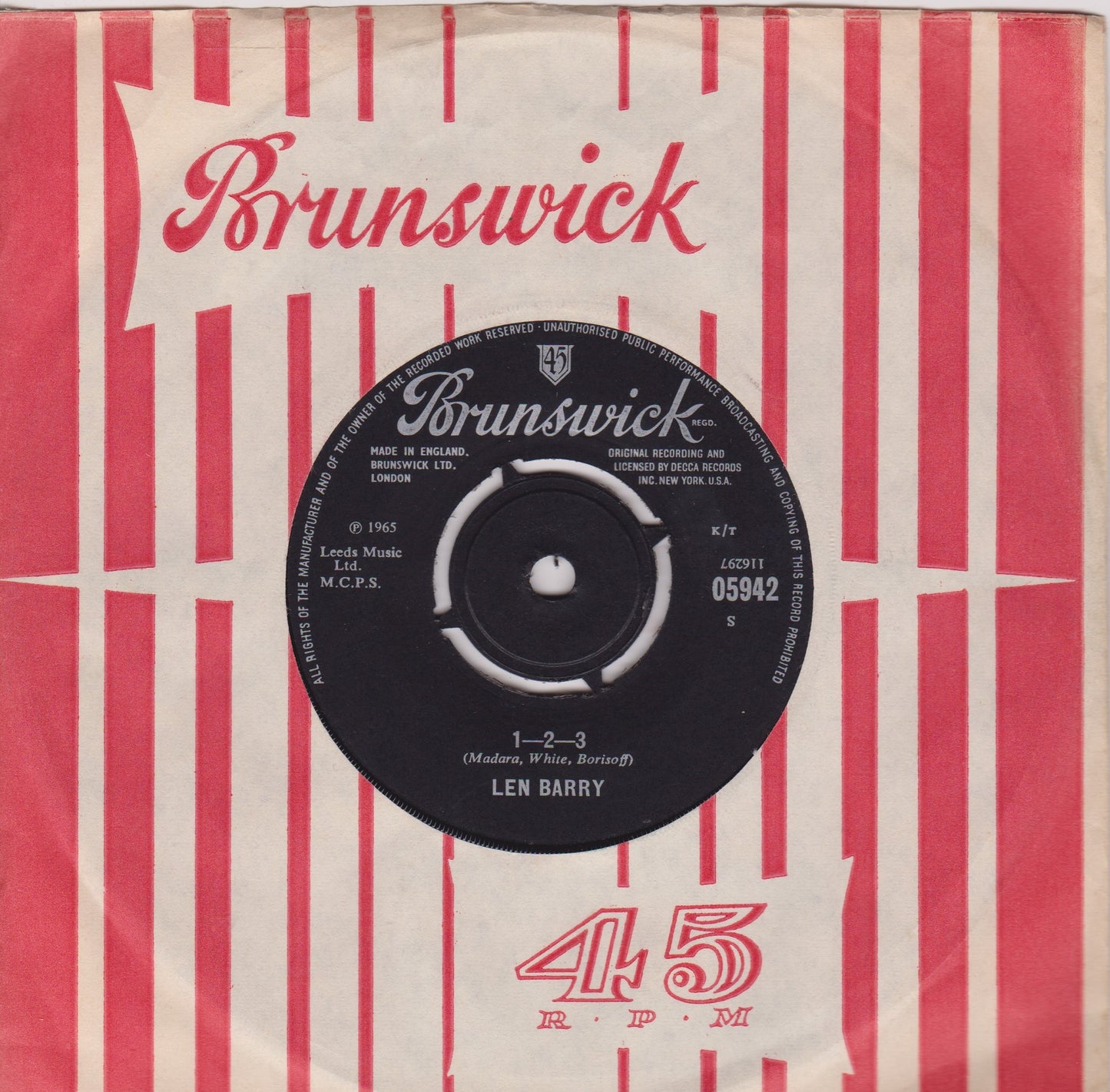 Len Barry – 1-2-3 (Brunswick 1965) 7" vinyl single VG/VG