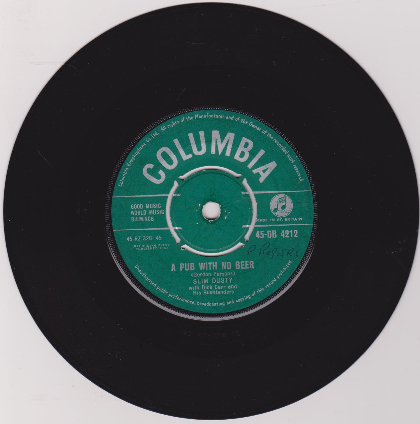 Slim Dusty And His Bushlanders ‎– A Pub With No Beer (Columbia) 7" vinyl single VG/-