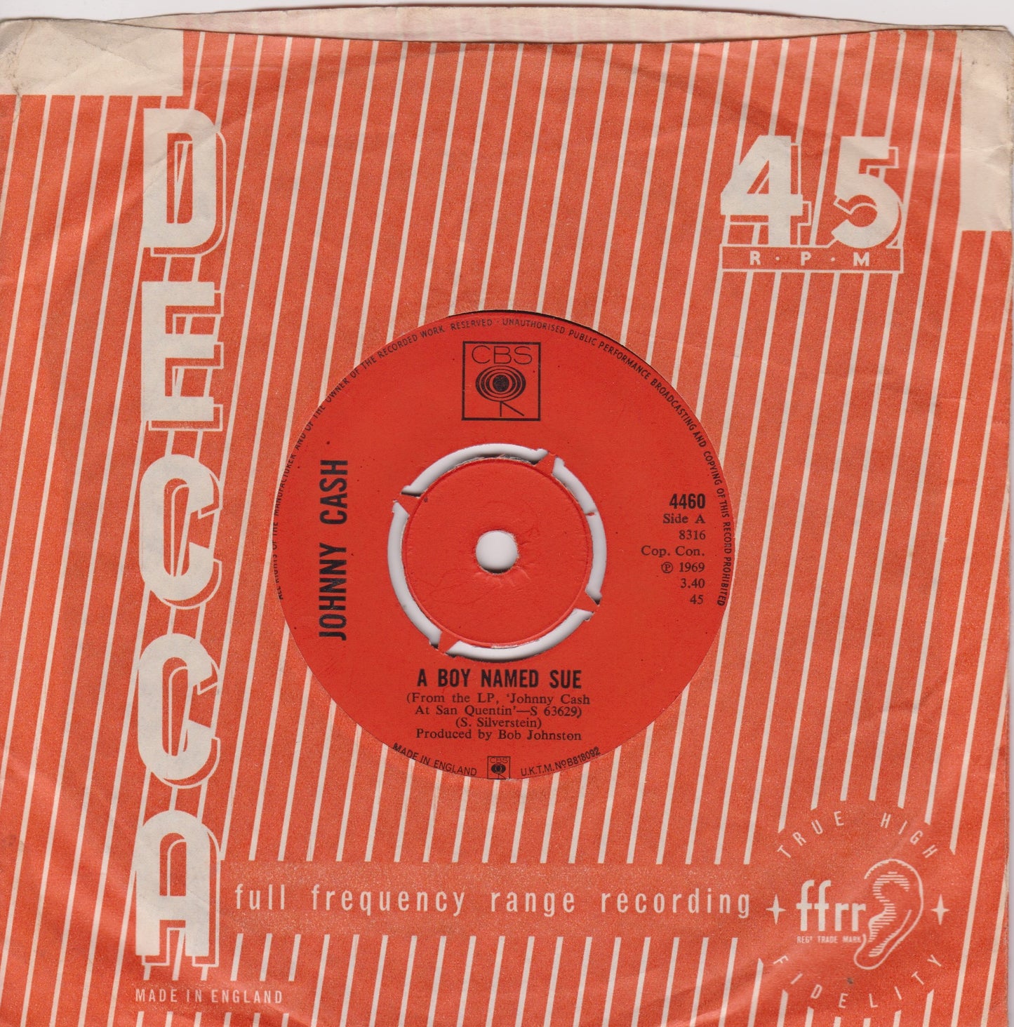 Johnny Cash ‎– A Boy Named Sue (CBS 1969) 7" vinyl single VG/-