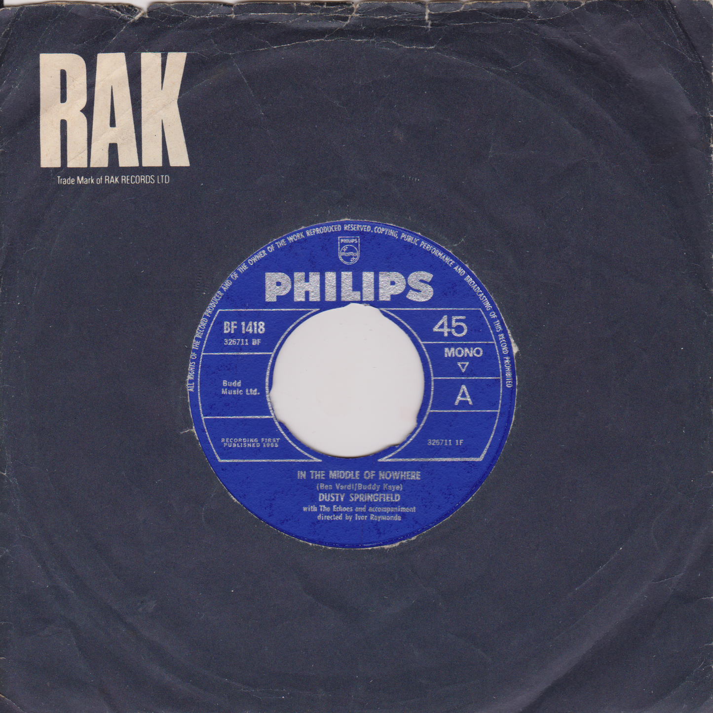 Dusty Springfield ‎– In The Middle Of Nowhere (Philips 1965) 7" vinyl single G/- jukebox centre