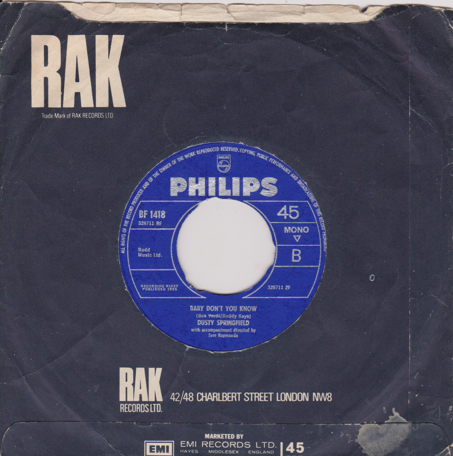 Dusty Springfield ‎– In The Middle Of Nowhere (Philips 1965) 7" vinyl single G/- jukebox centre
