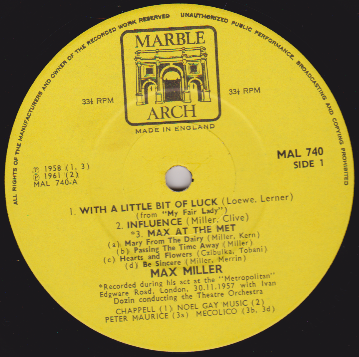 Max Miller ‎– Max At The Met (Marble Arch 1967) 12" vinyl LP reissue VG/VG