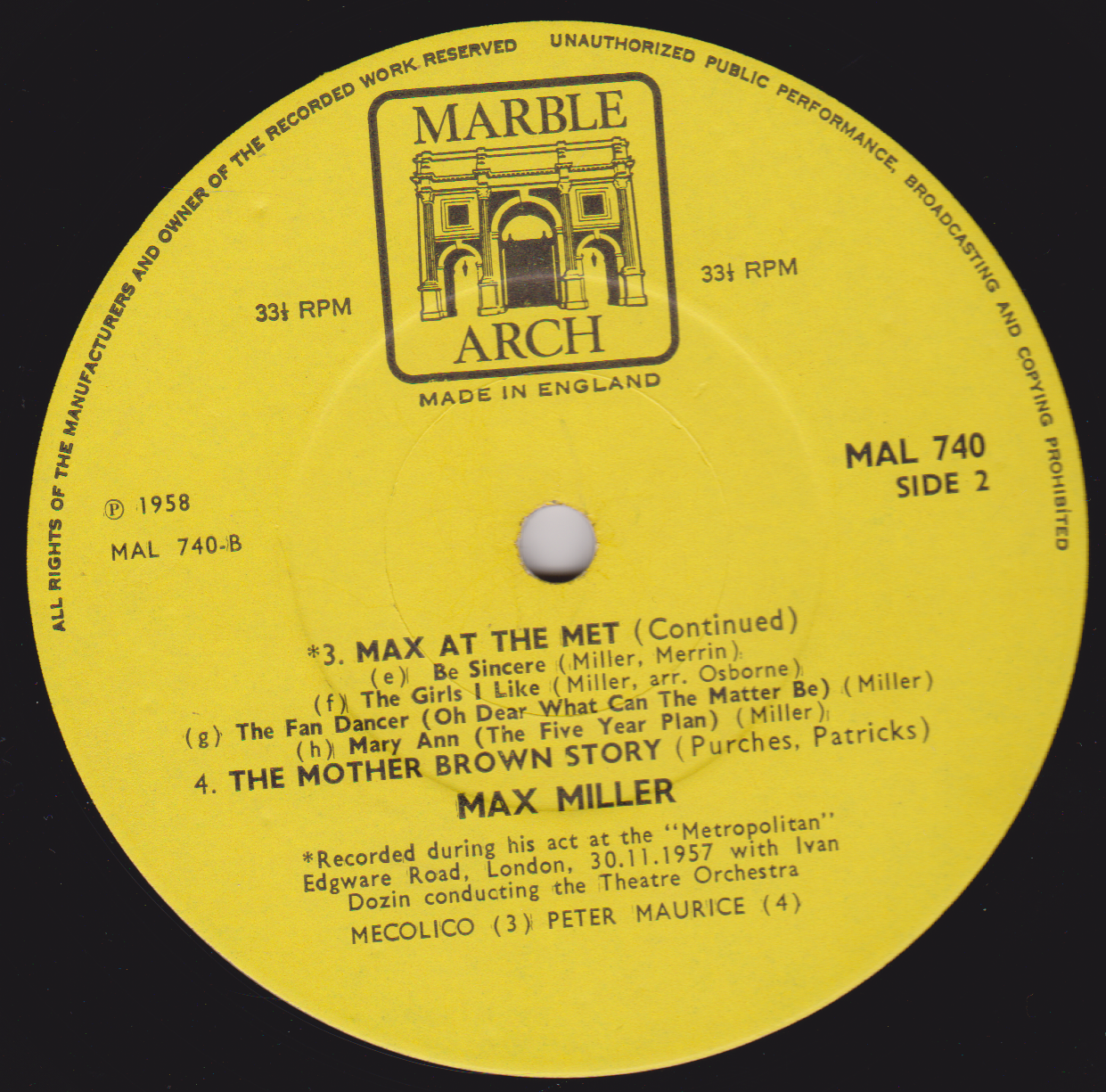 Max Miller ‎– Max At The Met (Marble Arch 1967) 12" vinyl LP reissue VG/VG