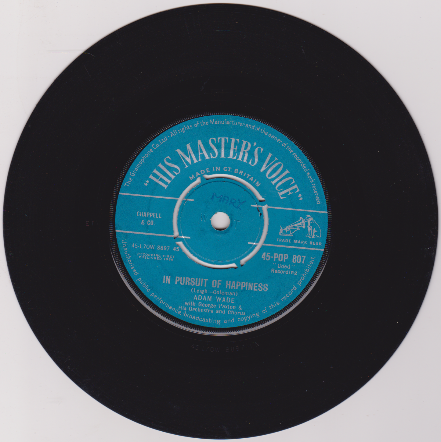 Adam Wade ‎– In Pursuit Of Happiness (HMV 1960) 7" vinyl single VG/VG