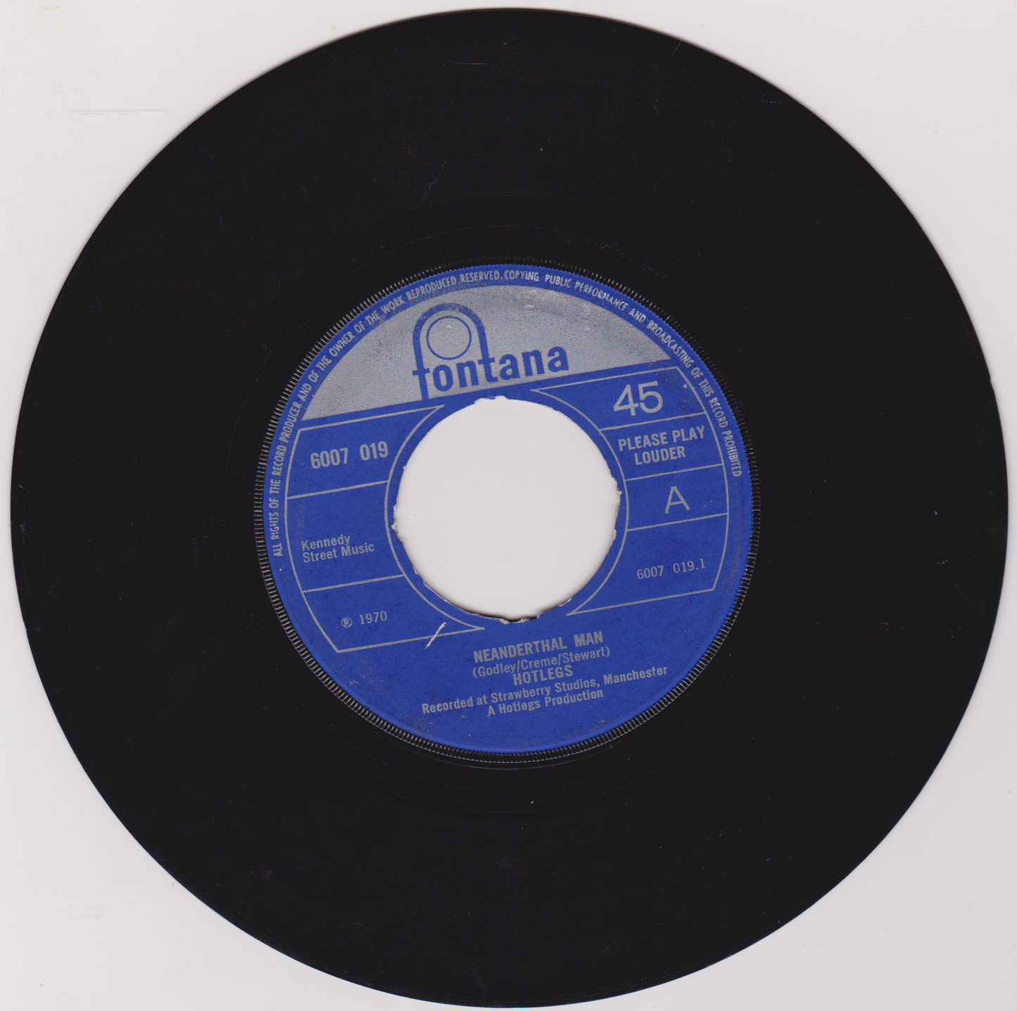 Hotlegs ‎– Neanderthal Man (Fontana 1970) 7" vinyl single G+/- jukebox centre