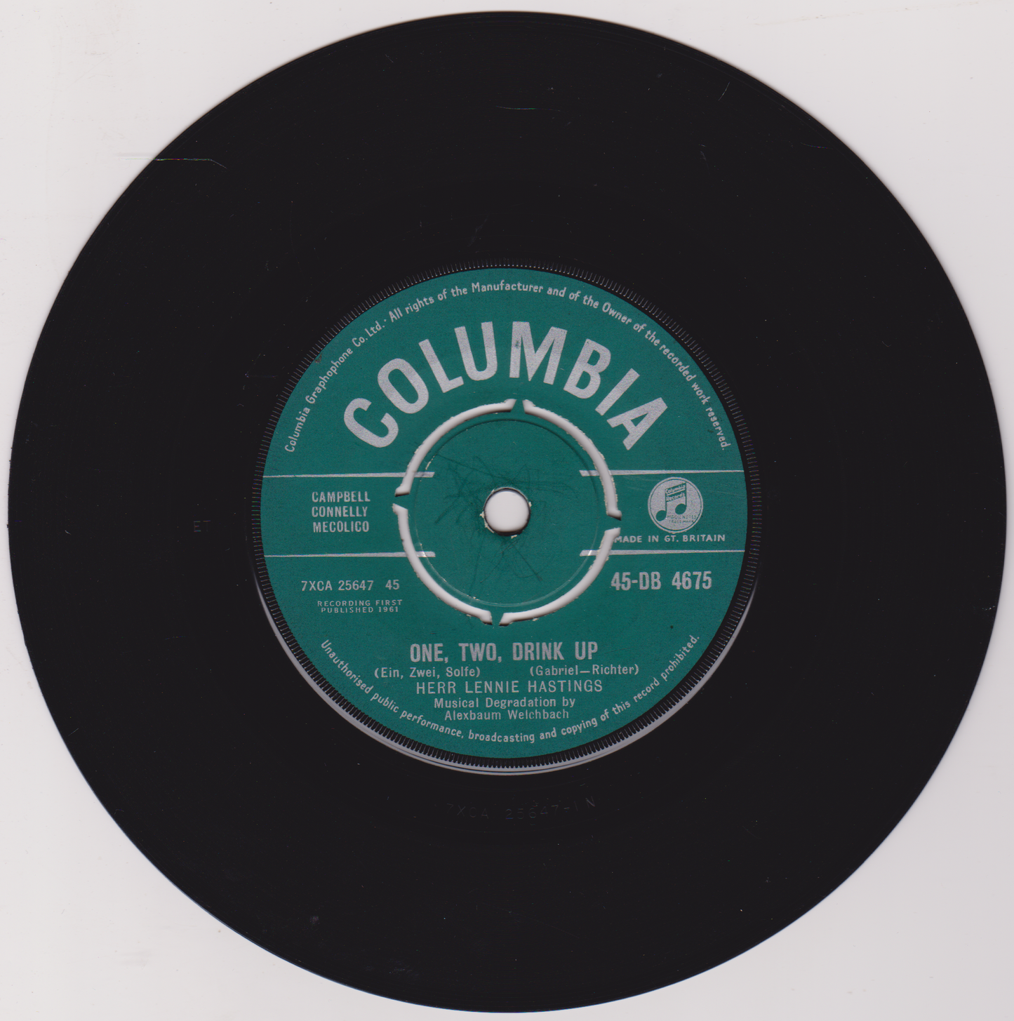 Herr Lennie Hastings – One, Two, Drink Up (Columbia) 7" vinyl single VG/-