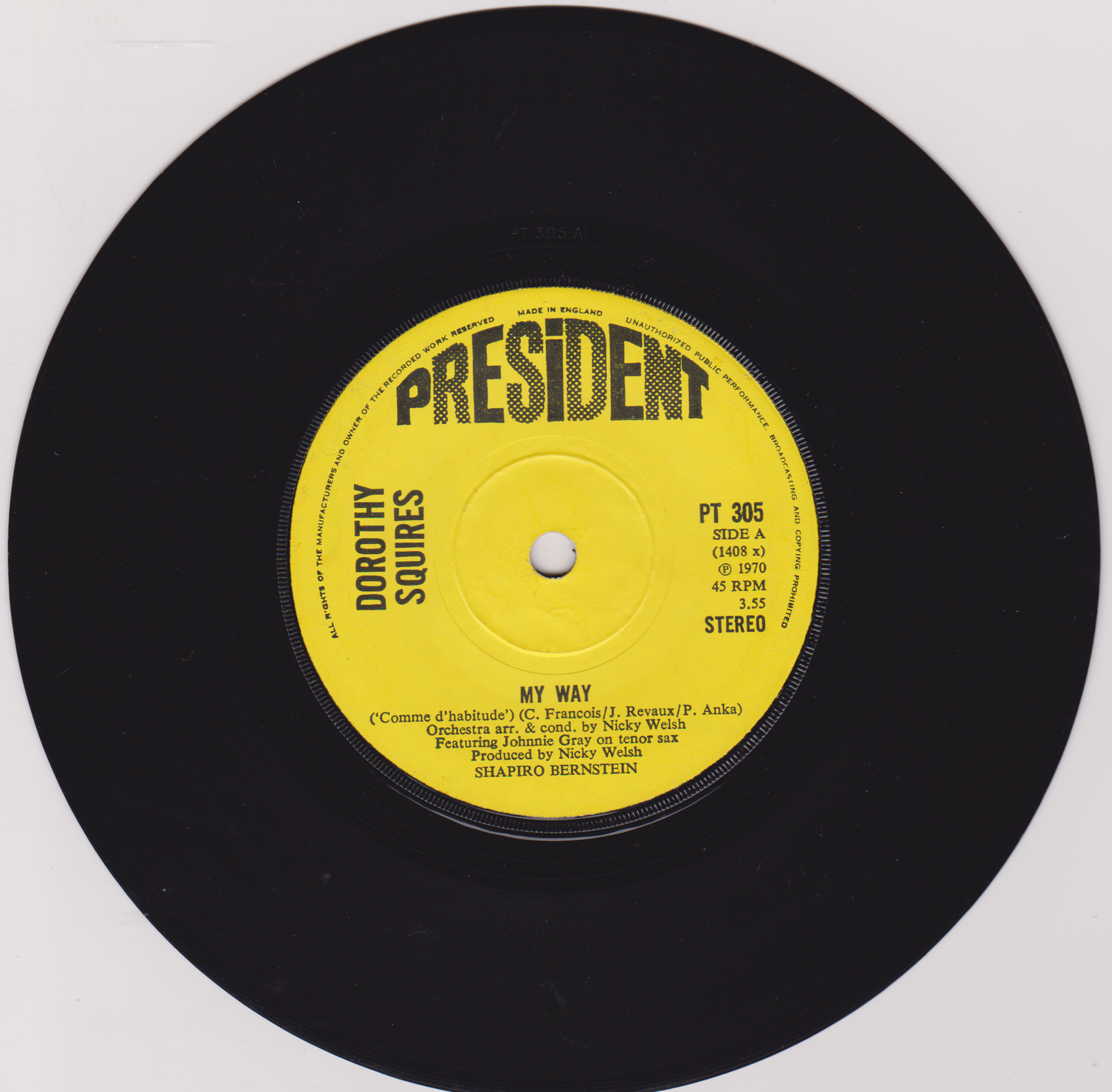 Dorothy Squires ‎– My Way (President 1970) 7" vinyl single VG/-