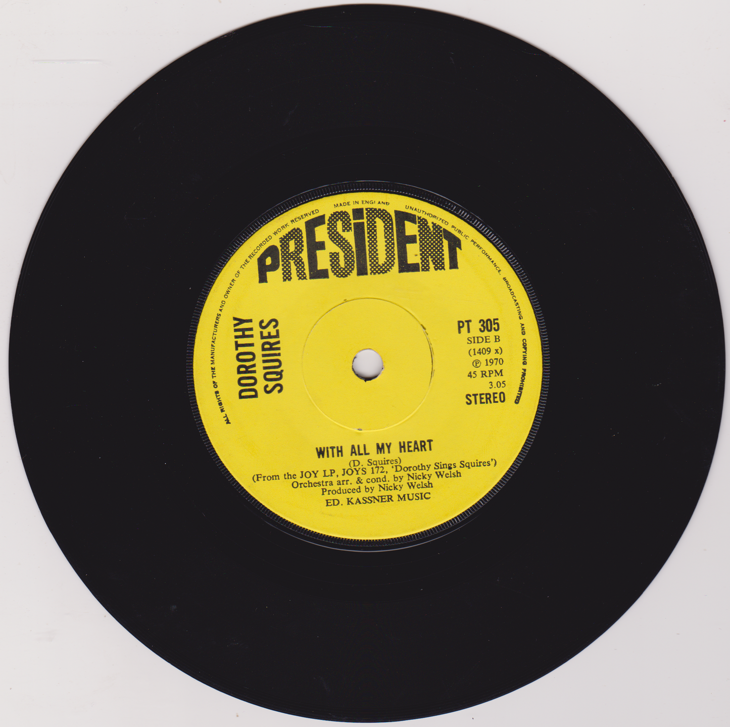 Dorothy Squires ‎– My Way (President 1970) 7" vinyl single VG/-