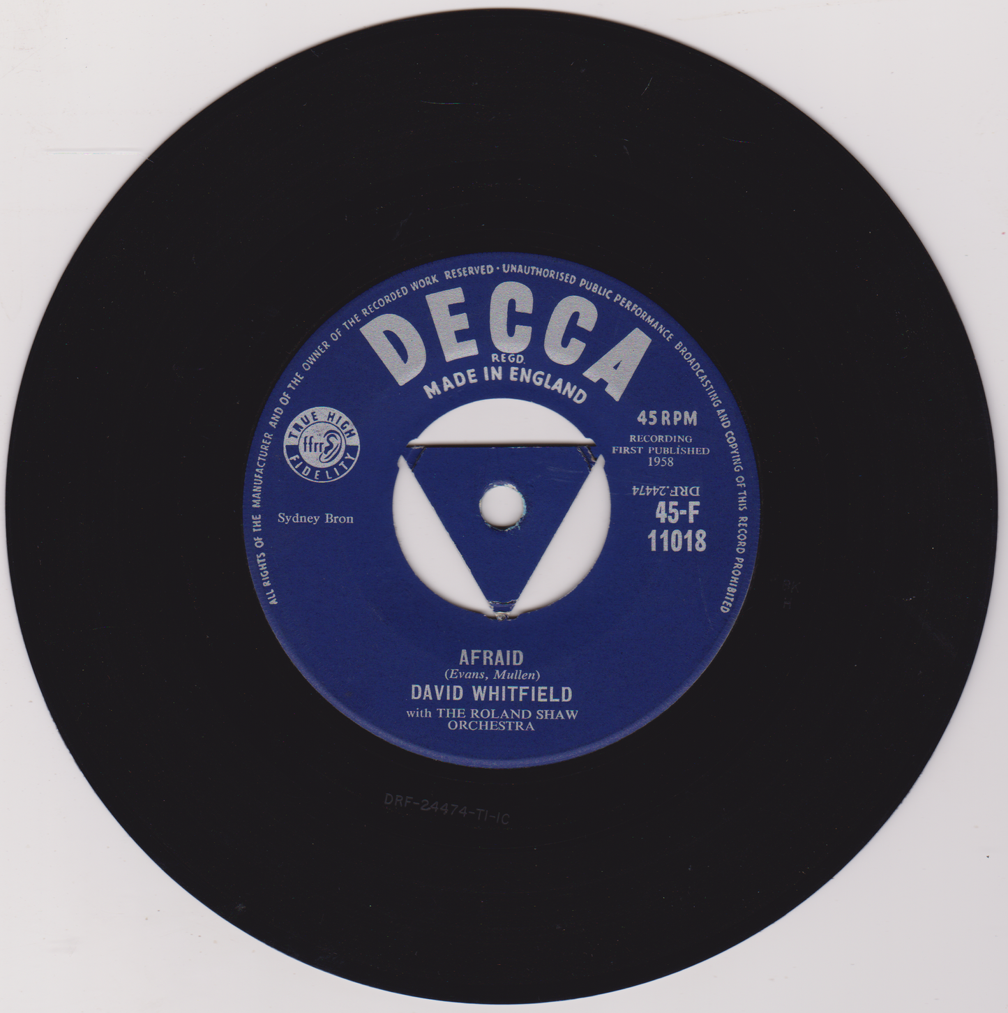 David Whitfield ‎– On The Street Where You Live (Decca 1958) 7" vinyl single VG/VG
