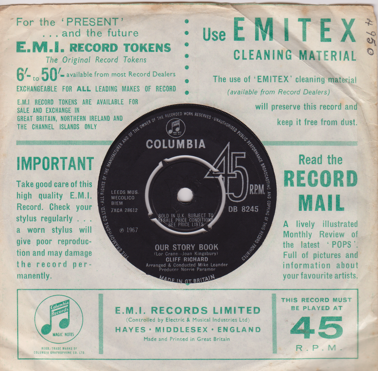 Cliff Richard - The Day I Met Marie (Columbia, 1967) 7" vinyl single G+/G+